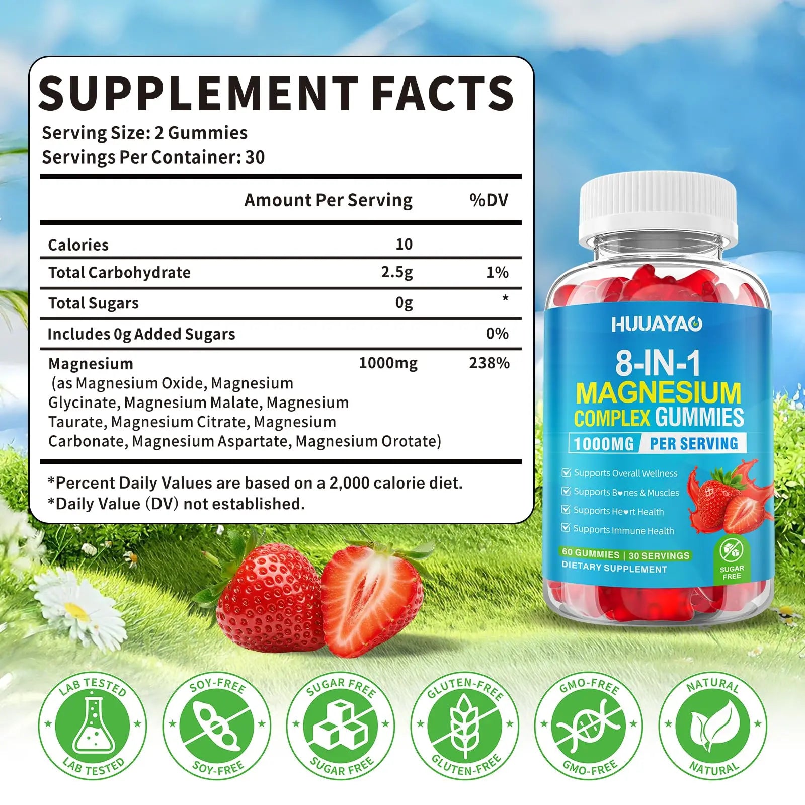 Magnesium Complex Gummies for Women Men 8 in 1, Magnesium Glycinate, Citrate, Malate, Taurate, Supports Bones, Muscle, Nerve Health, Sugar-Free, Vegan Non-GMO, Strawberry Flavor, 120 Count HUUAYAO buy supplements canada