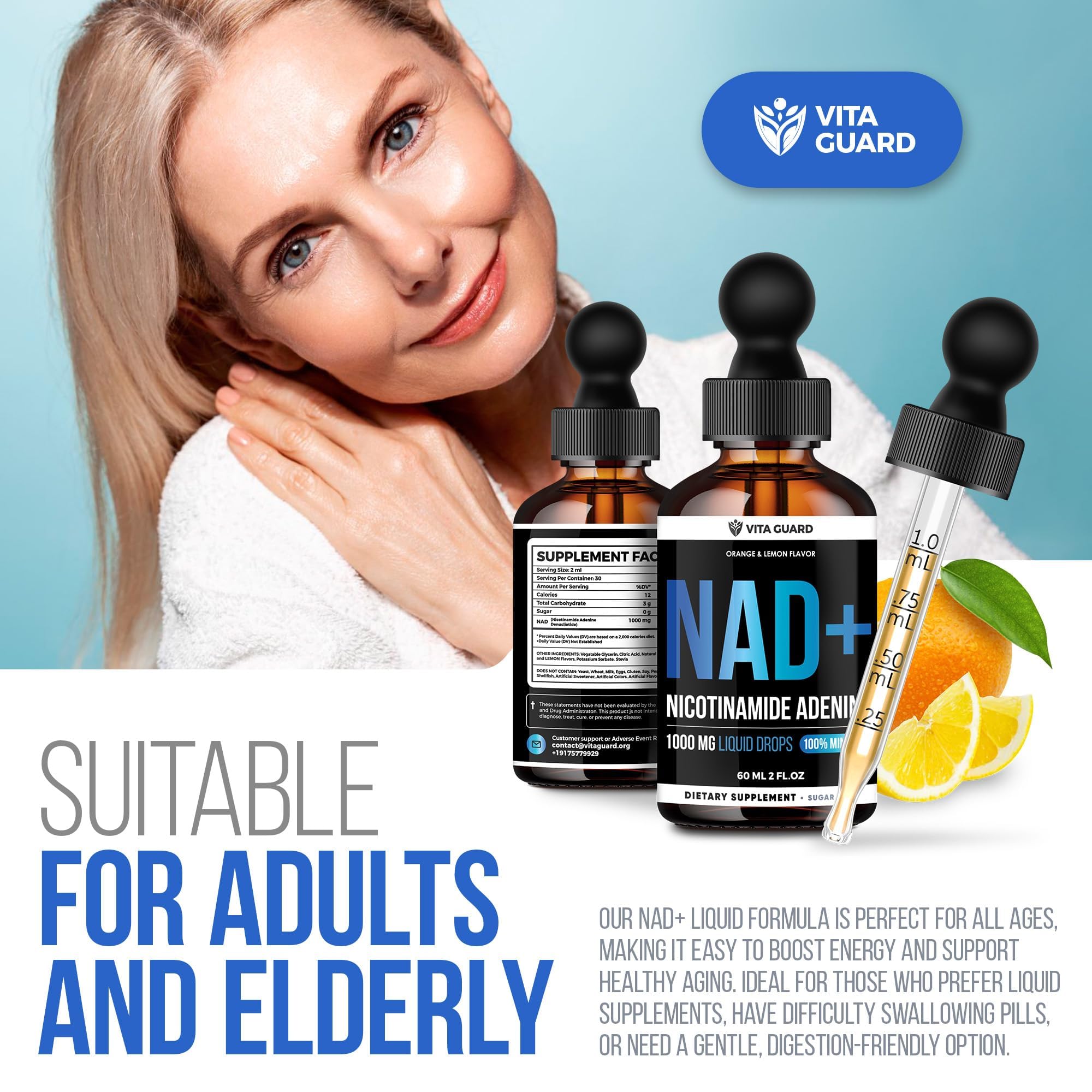 Vita Guard Pure NAD+ Supplements 1000mg Liquid Drops for Women & Man | Nicotinamide Adenine Similar to Nicotinamide Riboside NAD Plus Boosting Supplement - Natural Lemon & Orange Flavor Vita Guard buy supplements canada