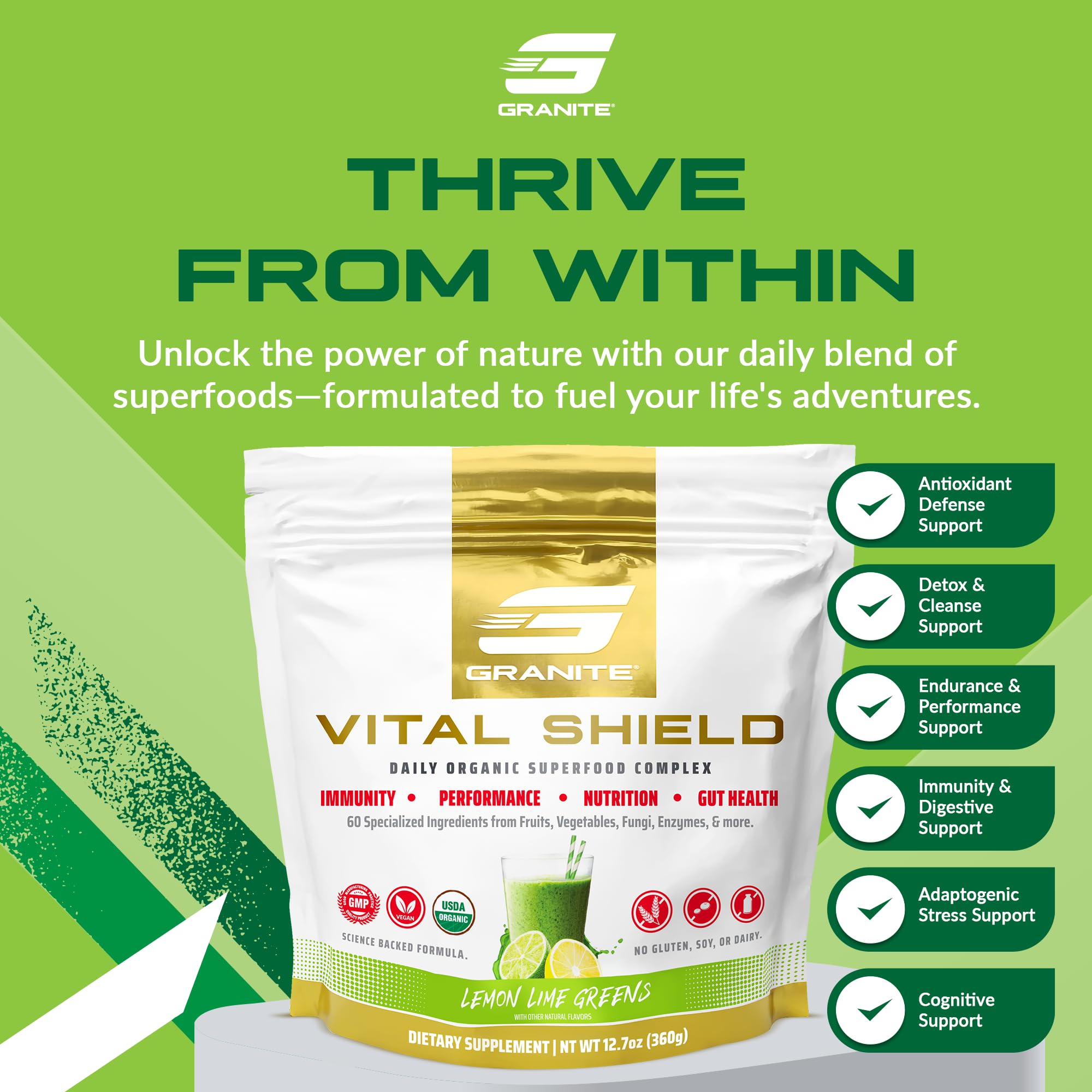 Granite Nutrition Vital Shield - USDA Organic Superfood Greens with Mushrooms & Tart Cherry – Supports Energy, Immune Function & Digestive Health – Lemon Lime Flavor (30 Servings) Granite Supplements buy supplements canada