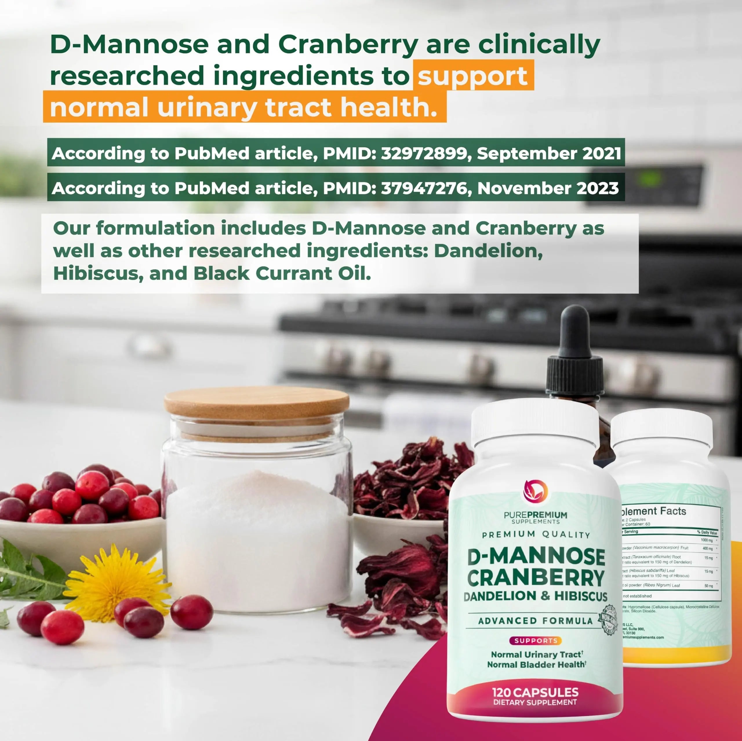 PurePremium D-Mannose with Cranberry, Hibiscus & Dandelion - 1000mg D-Mannose Supplements for Women Supports Urinary Tract Health & Bladder Health - Made in USA, Vegan, 120 Capsules, 2 Month Supply PurePremium Supplements buy supplements canada