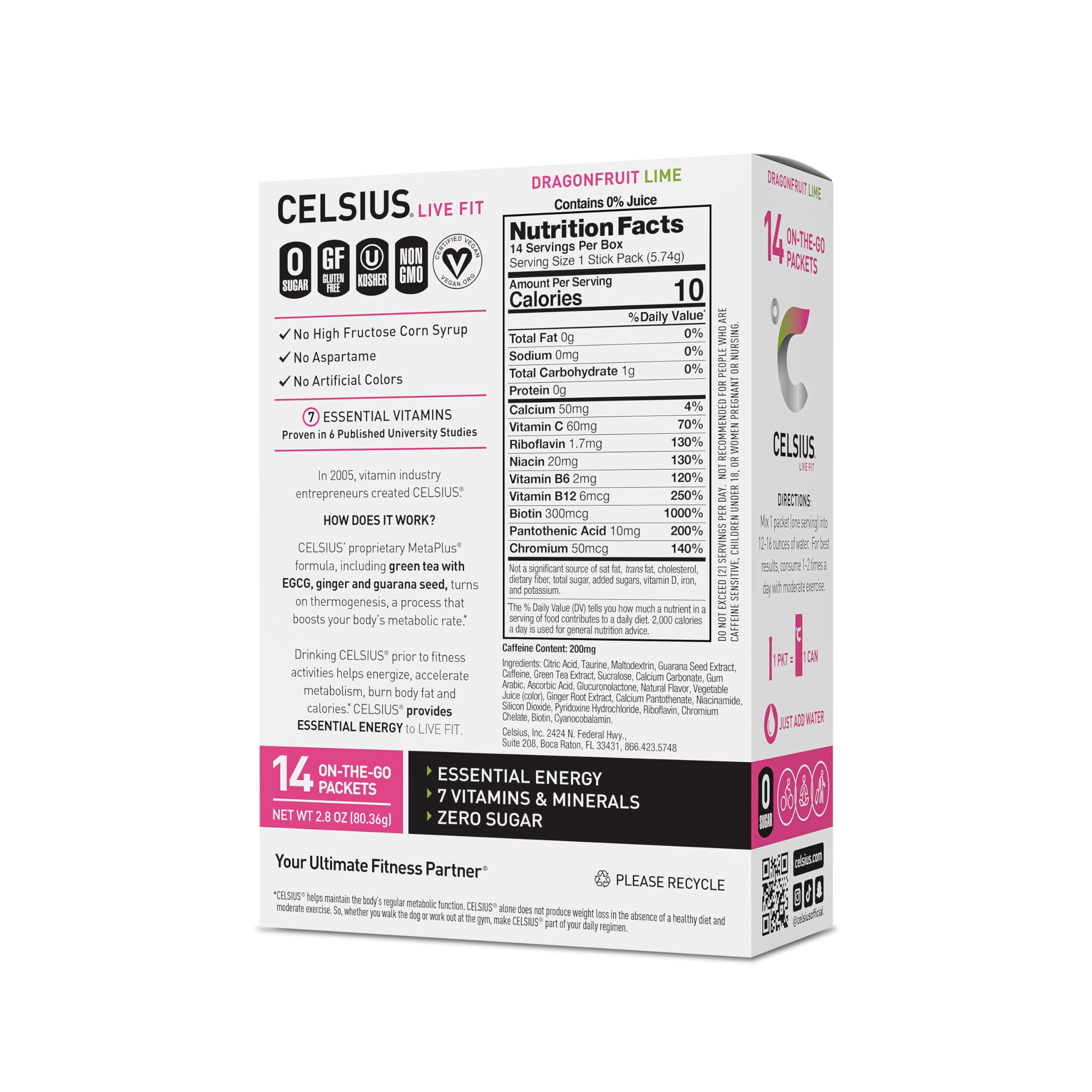 CELSIUS Dragonfruit Lime On-the-Go Powder Stick Packs, Zero Sugar 14 Count(Pack of 1) CELSIUS buy supplements canada