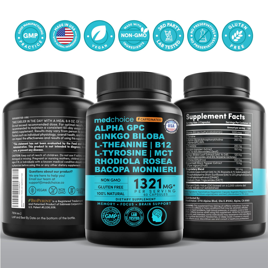 12-in-1 Nootropic Brain Supplement with Caffeine Anhydrous: Ginkgo Biloba for Brain Support, Memory and Focus - B12, Alpha GPC, L Theanine and Choline Supplements with Bioperine with 1321mg (60ct) MEDCHOICE buy supplements canada