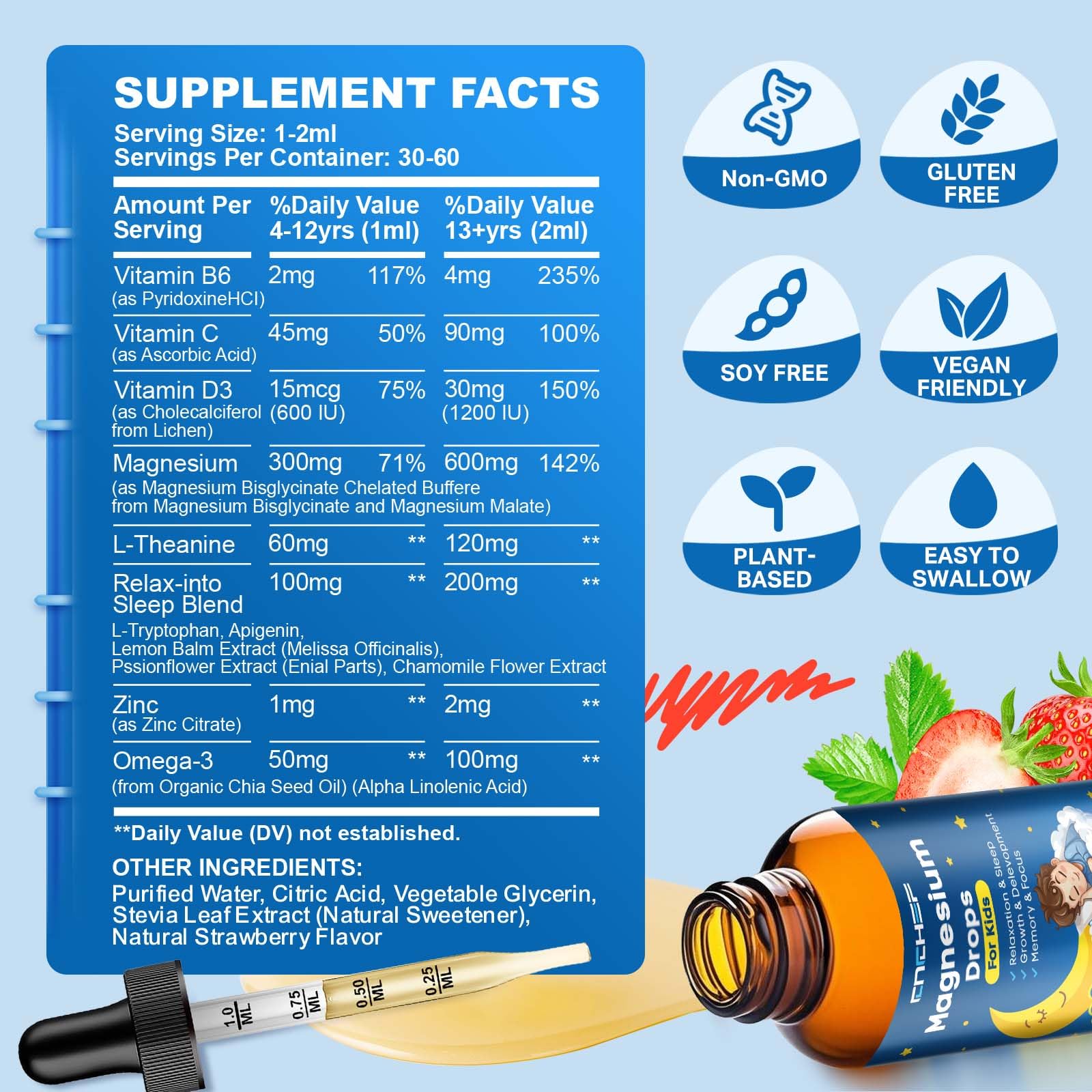 Magnesium Drops - Magnesium Glycinate Liquid Drops for Kids - Calm, Sleep, Relaxation, Bones, Brain Support with Vitamin B6, C, D3, Omega-3, L-Theanine, Zinc, Multivitamins - Strawberry Flavor 2 Fl Oz CNCHEF buy supplements canada