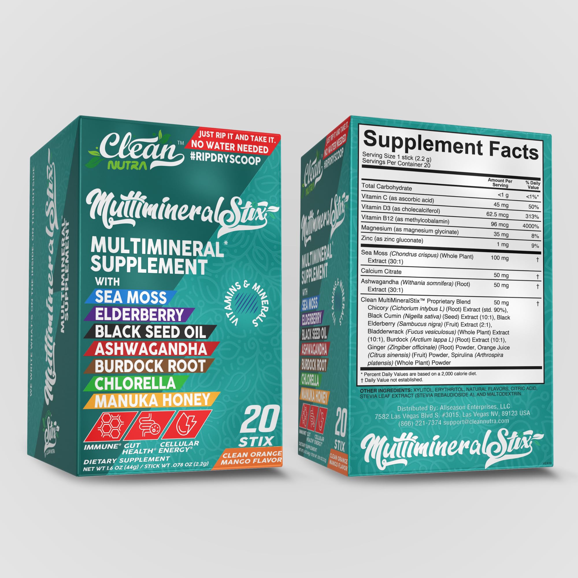 Sea Moss Powder Elderberry Ashwagandha Chlorella Manuka Honey VitaminD3 Vitamin C Zinc Spirulina Iodine Greens Detox Immune Support Sugar Free Hydration Powder Drink Mix – 20 Sticks Clean Nutraceuticals buy supplements canada