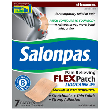Salonpas Maximum OTC Strength Lidocaine 4% Pain Relieving Flex Patch, Apply for Up to 8 Hours, Unscented, Thin, Flexible, Lightweight, Patch Stays in Place, 7 Patches Salonpas buy supplements canada