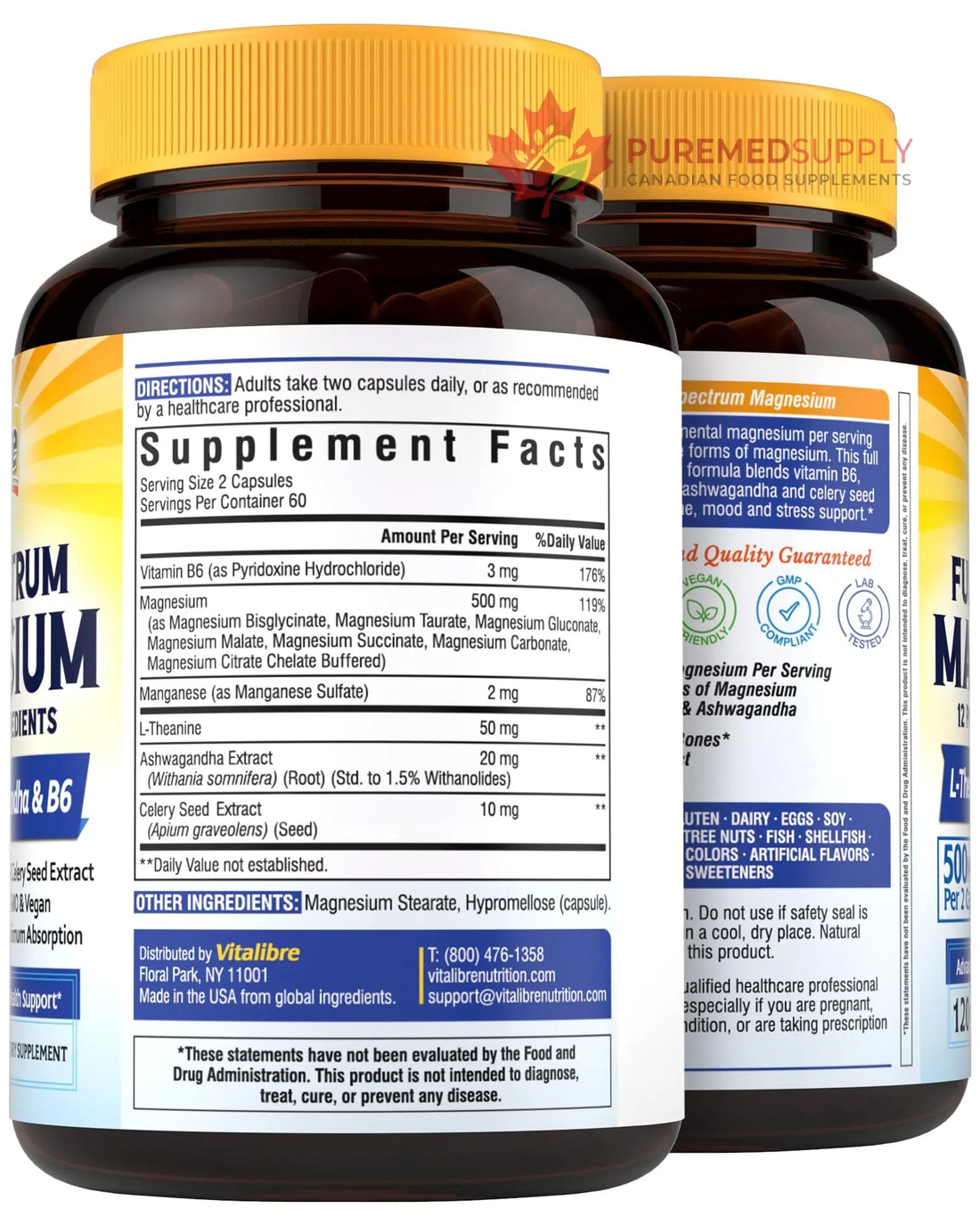 Vitalibre Magnesium Complex Supplement 500mg + Ashwagandha, L-Theanine, Vitamin B6 & Celery, High Absorption Magnesium Glycinate, Citrate, Malate, Sleep & Bone Support, 120 Vegan Capsules Vitalibre buy supplements canada