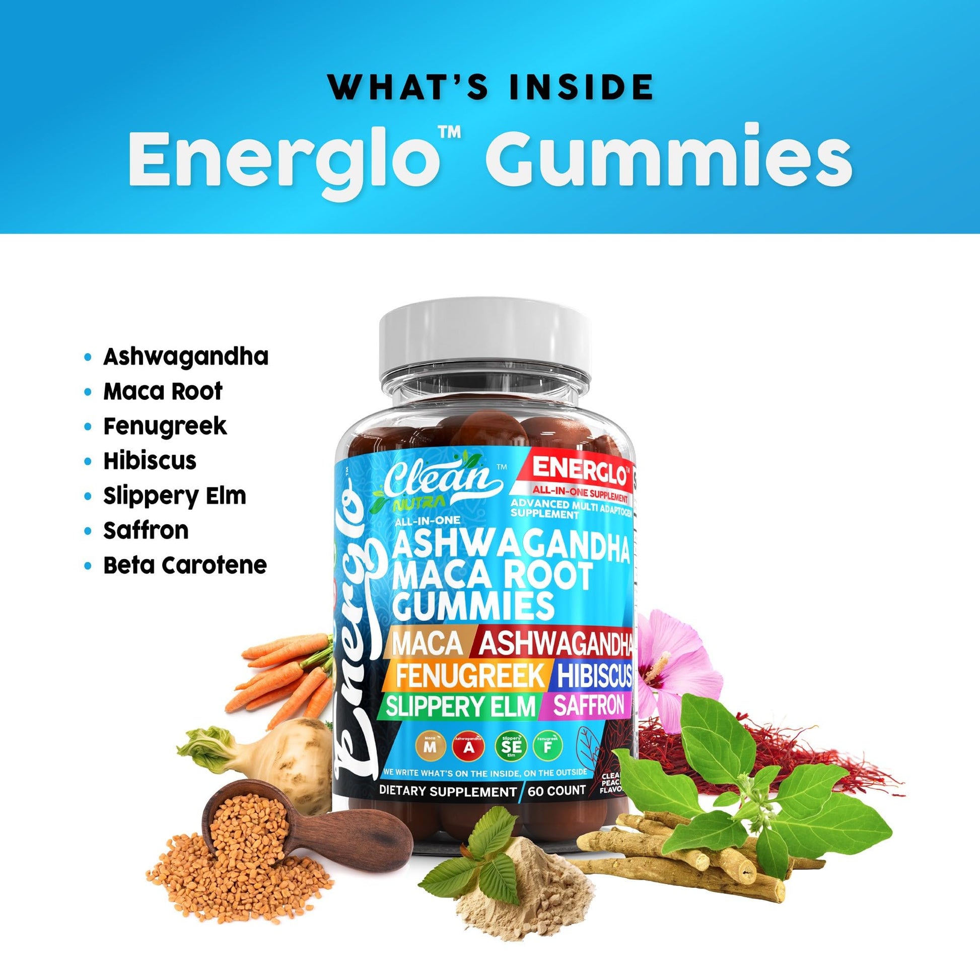 Ashwagandha Maca Root Gummies with Fenugreek Hibiscus Slippery Elm Saffron Extract & Beta Carotene | Peach Flavor Vegan Gummy Vitamins Adaptogen Cortisol Supplement Energlo by Clean Nutra Clean Nutraceuticals buy supplements canada