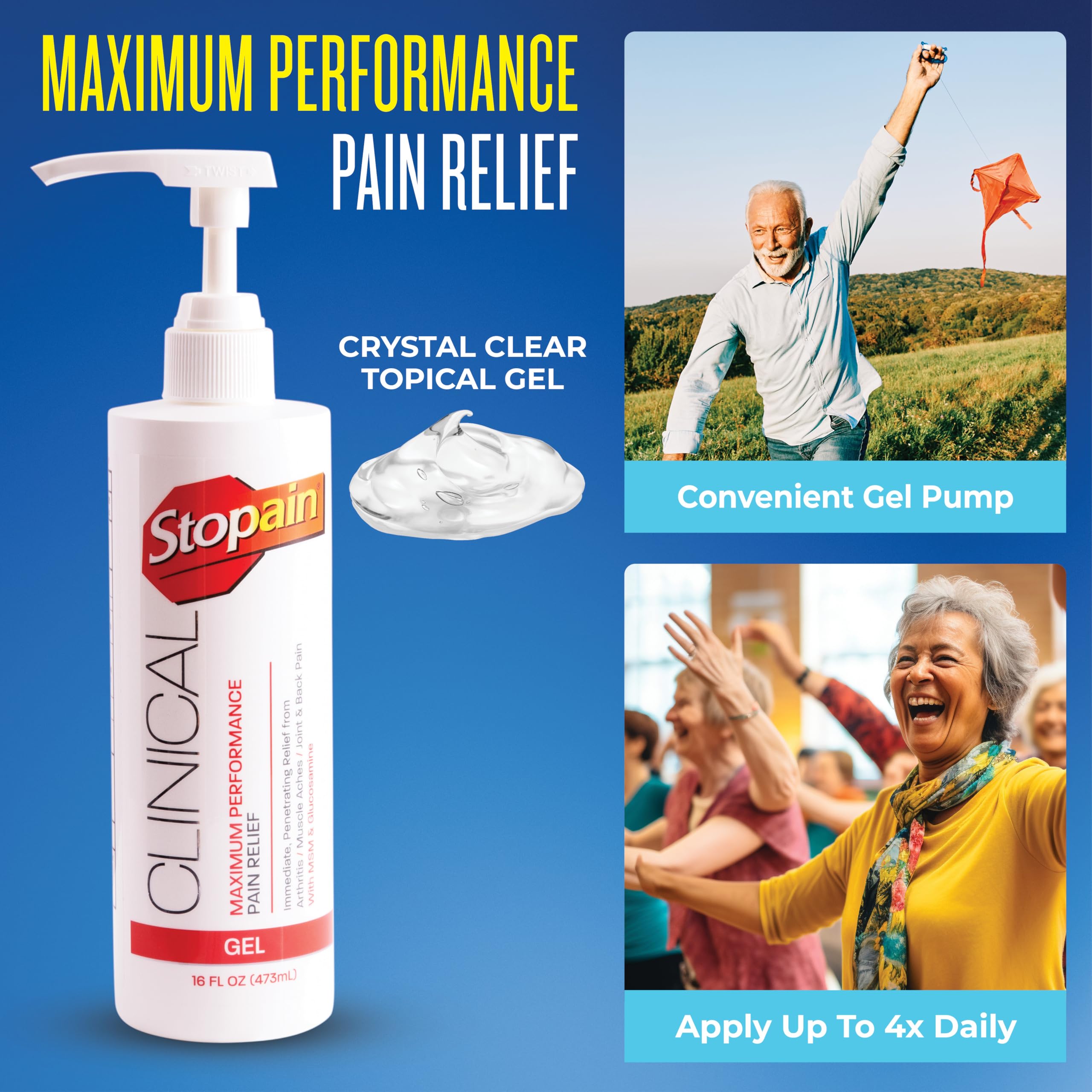 Stopain Clinical Pain Relief Gel 16 oz - Professional Formula for Arthritis, Knee, Back & Muscle Pain - Maximum Strength Gel for Joint & Nerve Pains with 10% Menthol Plus Glucosamine - Made in USA Stopain buy supplements canada