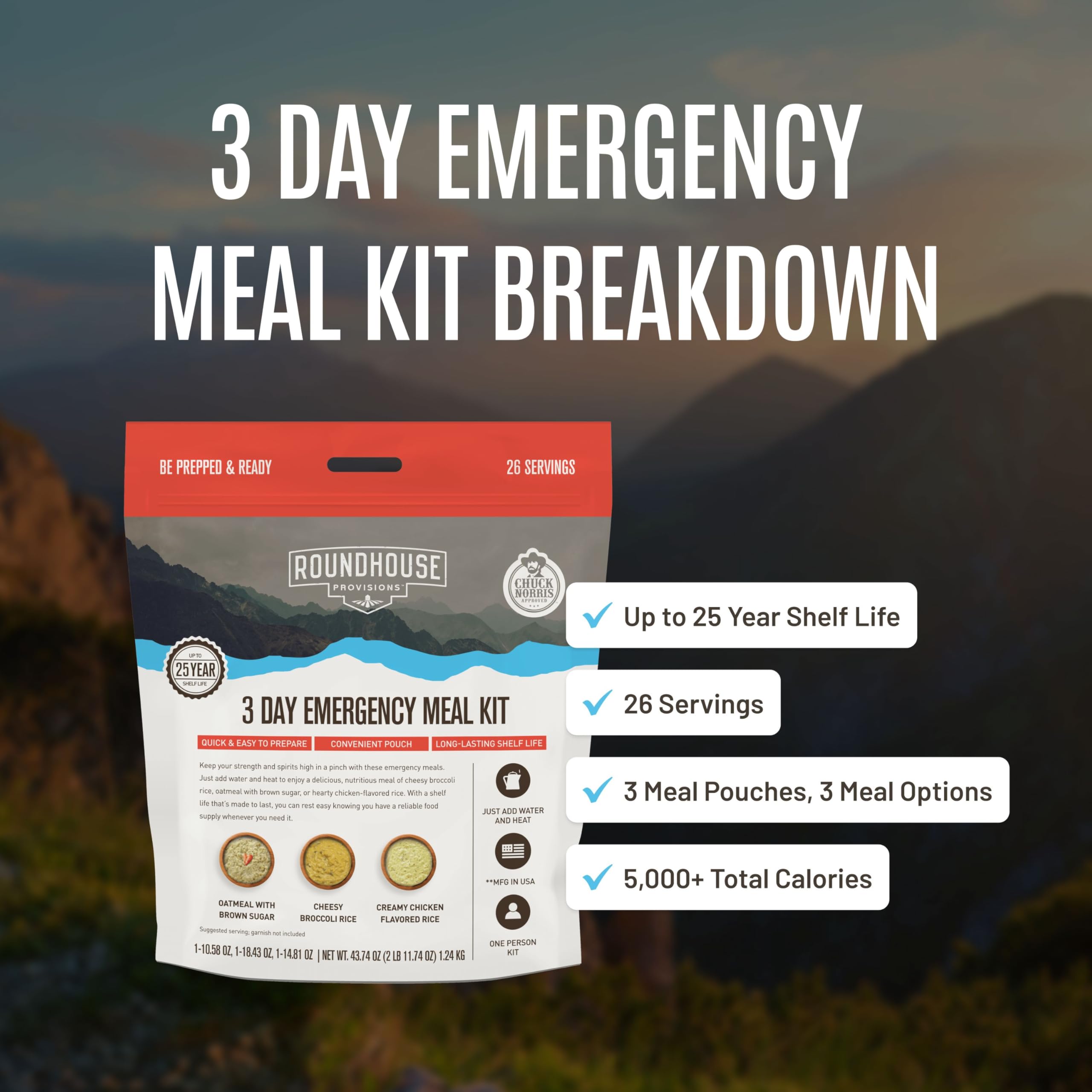 by Chuck Norris Roundhouse Provisions 3 Day, 26 servings Emergency Meal Kit, Grab-and-Go, Premade, Disaster Prep, Hiking, Survival, Adventure, Camping Food, 25 Year Shelf Life. ROUNDHOUSE PROVISION buy supplements canada