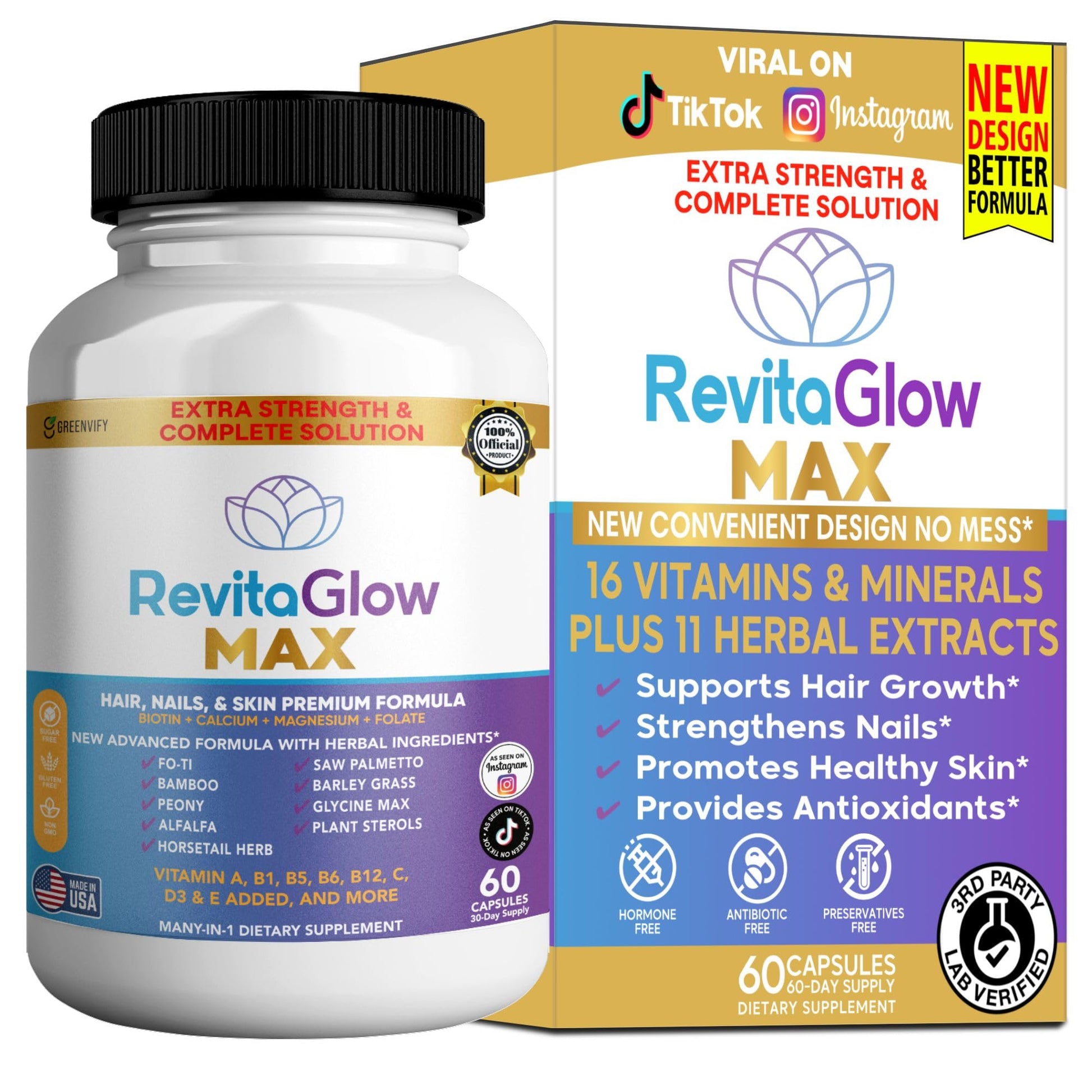 GREENVIFY RevitaGlow Max Hair, Nails & Skin Premium Formula, 60 Capsules, 30-Day Supply, with Biotin, Vitamins A, B1, B5, B6, B12, C, D3, E (1) GREENVIFY buy supplements canada