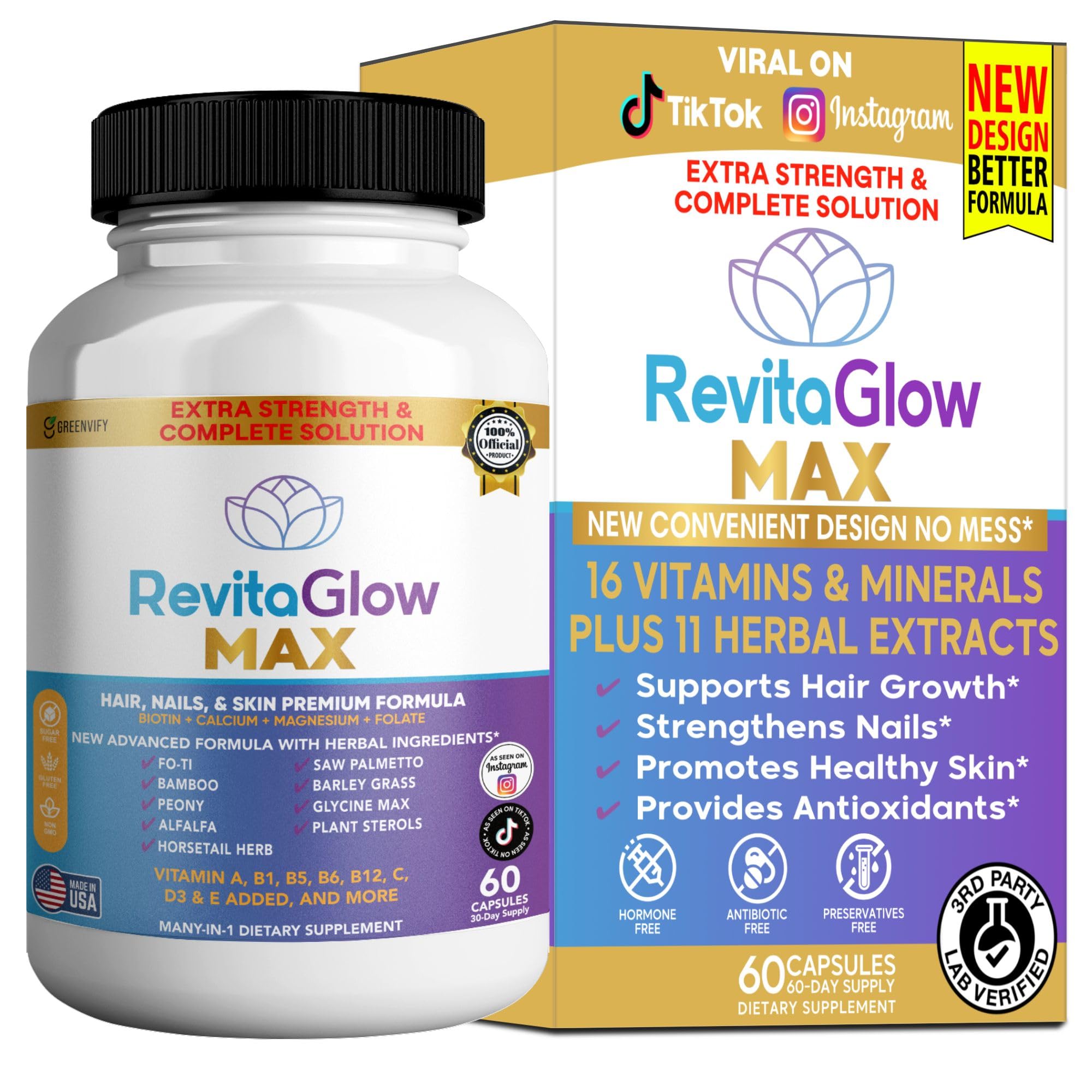 GREENVIFY RevitaGlow Max Hair, Nails & Skin Premium Formula, 60 Capsules, 30-Day Supply, with Biotin, Vitamins A, B1, B5, B6, B12, C, D3, E (1) GREENVIFY buy supplements canada