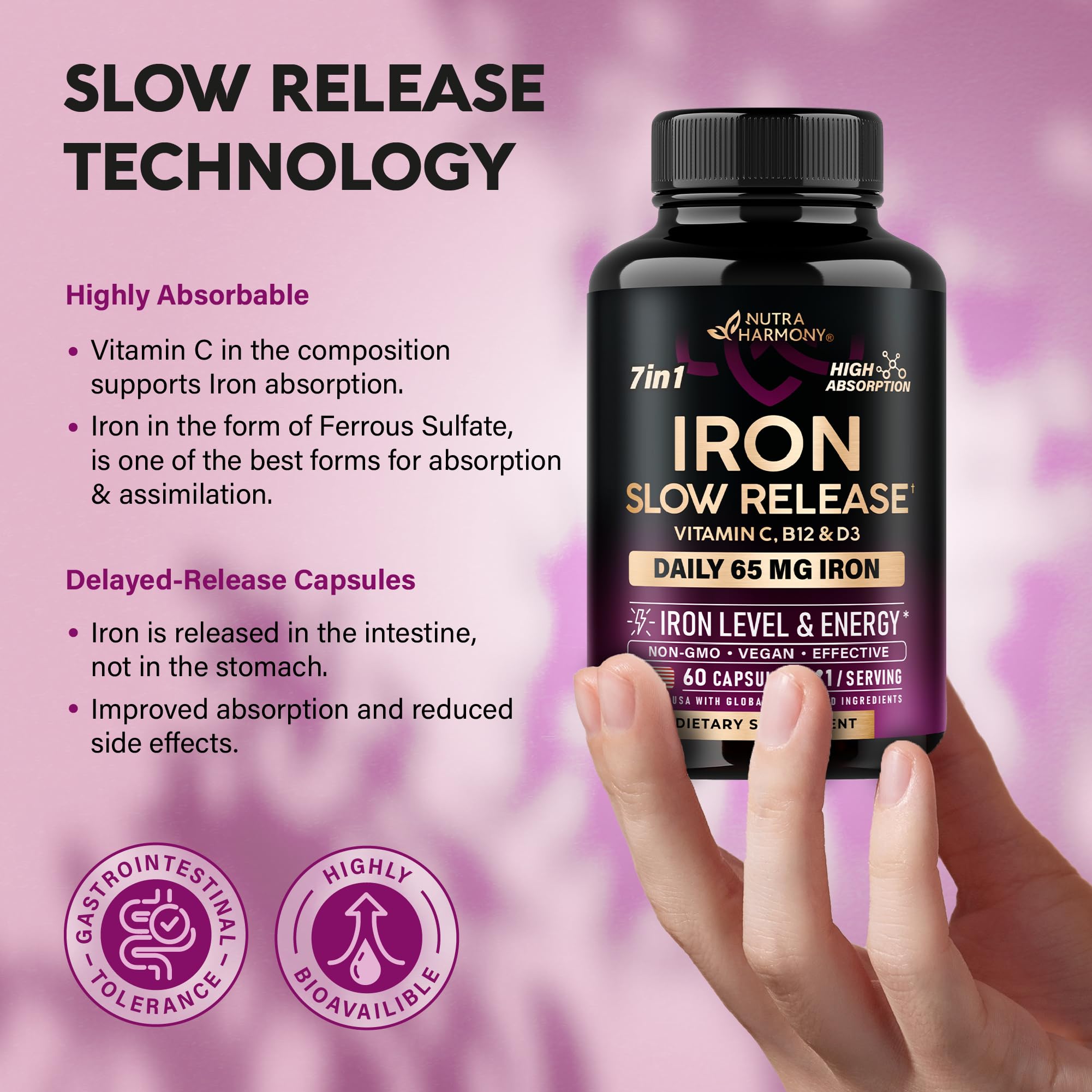 Iron Supplement for Women - Iron 65mg (Ferrous Sulfate 325mg) - Stomach Friendly | Slow Release Iron | High Absorption - Vitamins C, D3, B6, B12 & Folate NUTRAHARMONY buy supplements canada