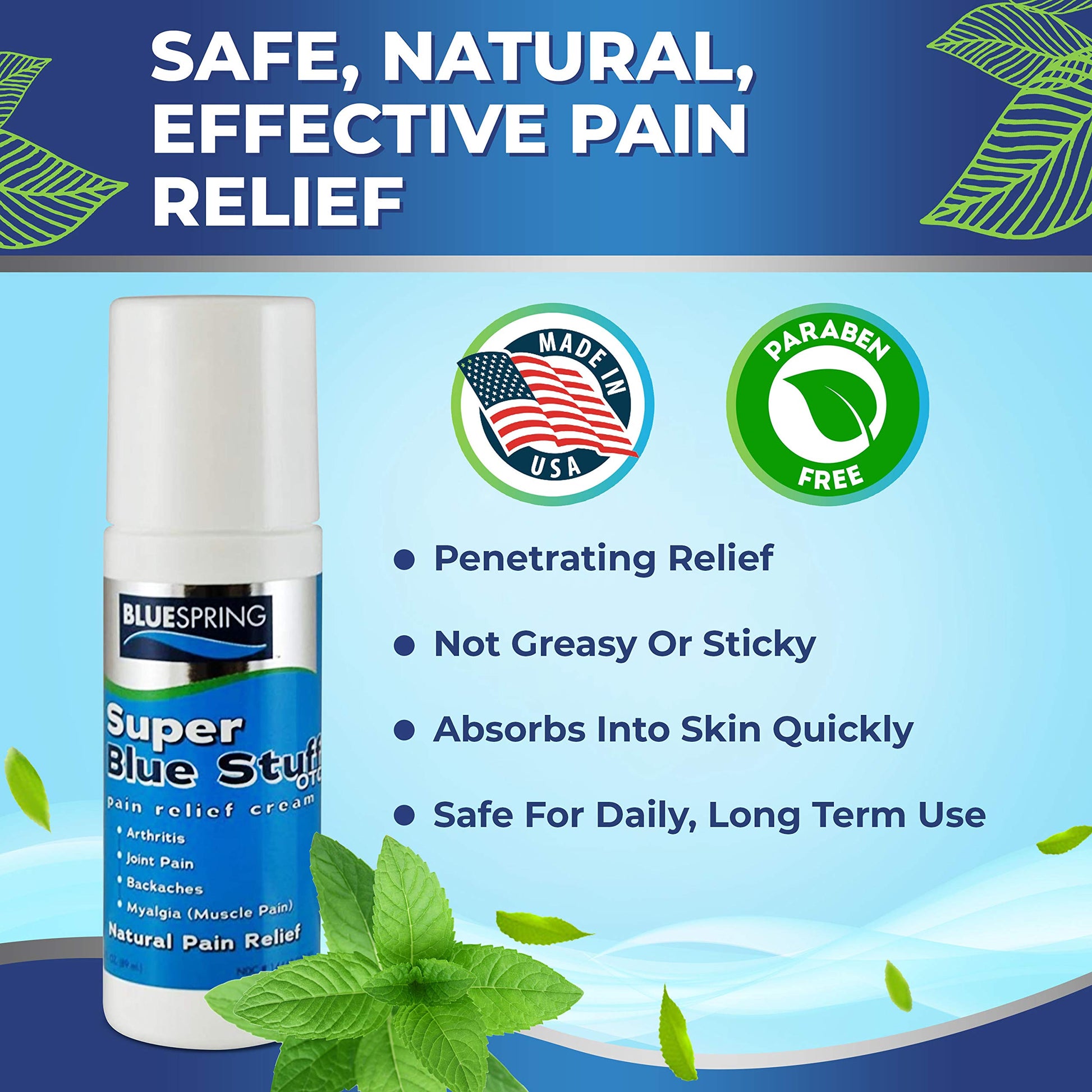 Super Blue Stuff Natural Pain Relief roll on with Emu Oil by BlueSpring- Pain relief rub Anti Inflammatory Analgesic Cream for Back, Knee, Joint, Muscle, Arthritis, and neck Pain Relief- 3 Oz roll-on. Emu Therapy buy supplements canada