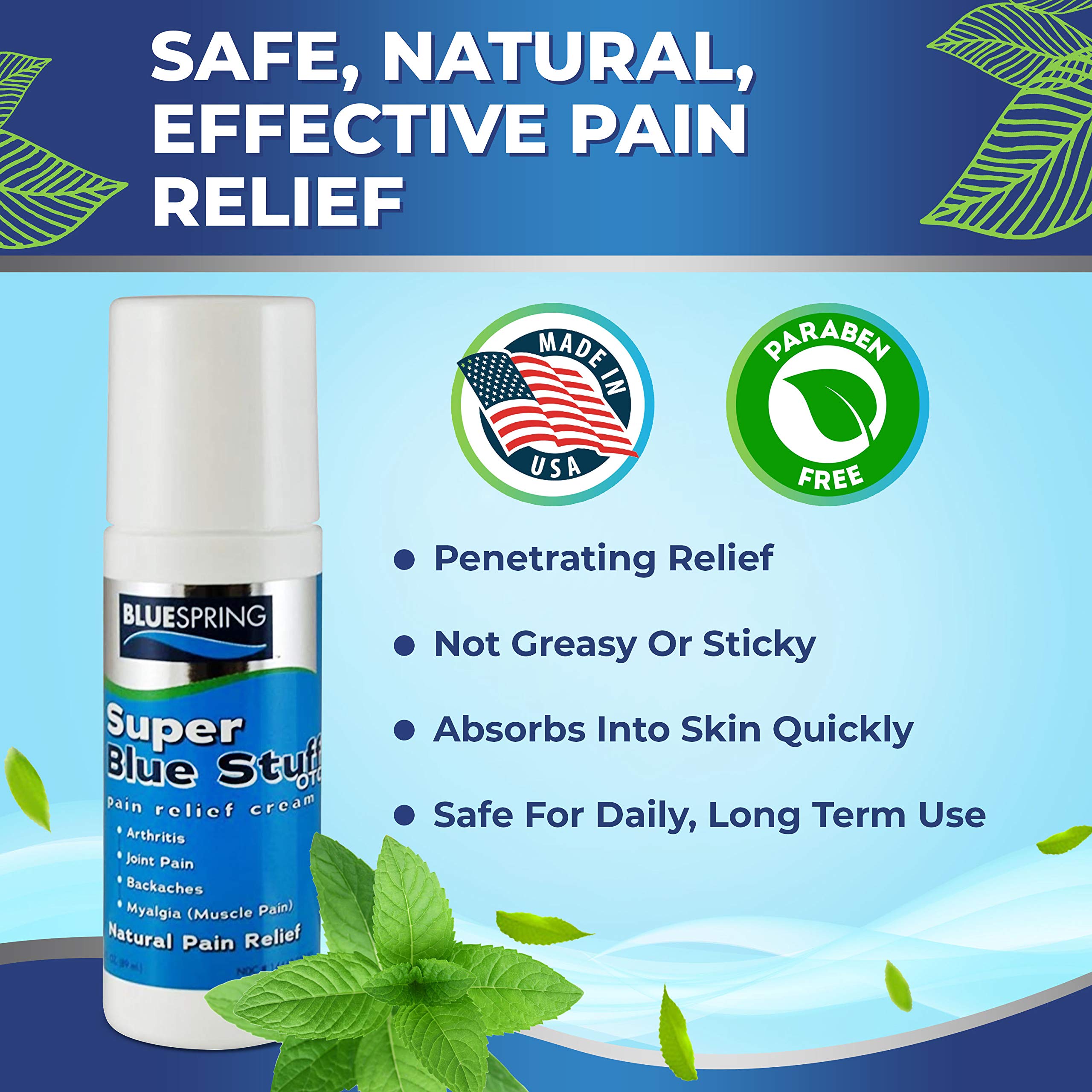 Super Blue Stuff Natural Pain Relief roll on with Emu Oil by BlueSpring- Pain relief rub Anti Inflammatory Analgesic Cream for Back, Knee, Joint, Muscle, Arthritis, and neck Pain Relief- 3 Oz roll-on. Emu Therapy buy supplements canada