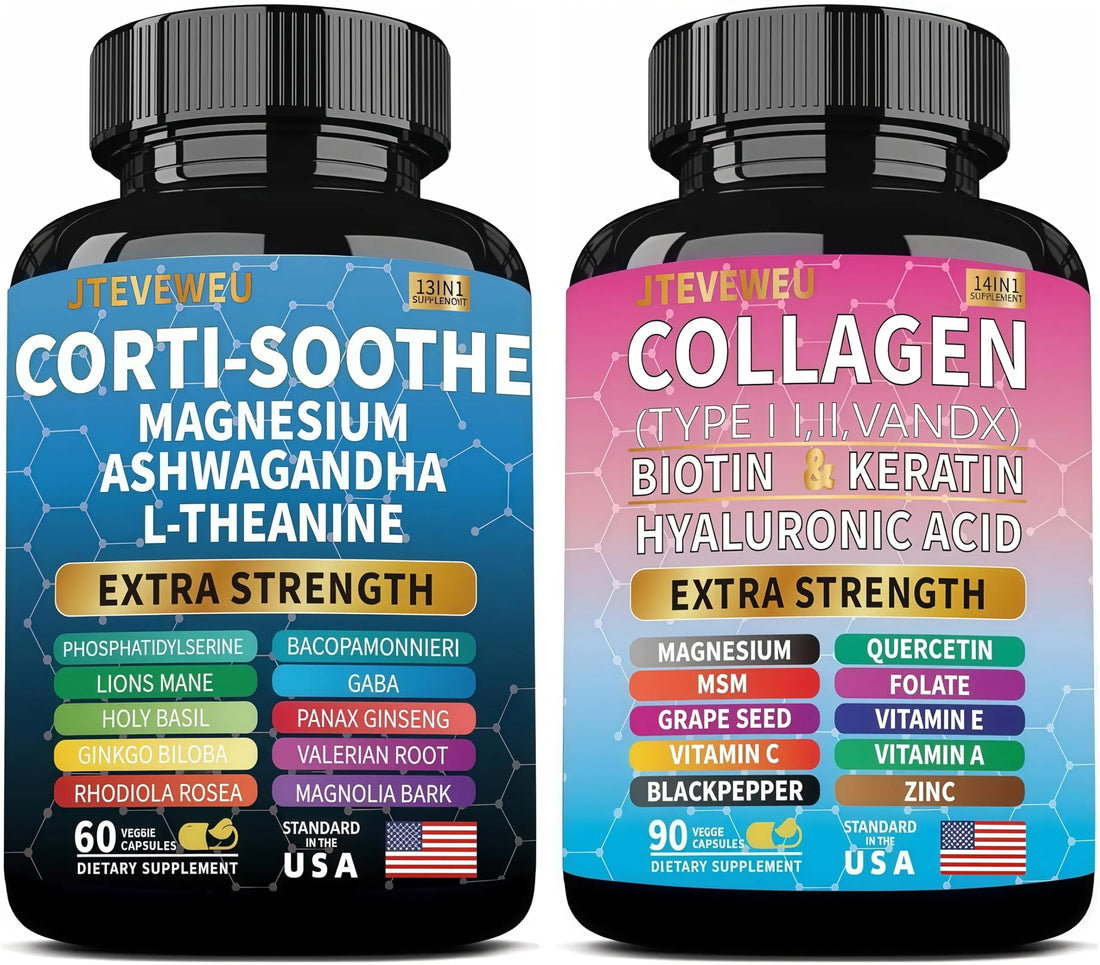 JTEVEweu Shining Serenity Set, Cortisol Support with Ashwagandha, L-Theanine, Magnesium, Lions Mane, GABA, Bacopa Monnieri, Collagen Biotin, Keratin, Hyaluronic Acid, Quercetin JTEVEweu buy supplements canada