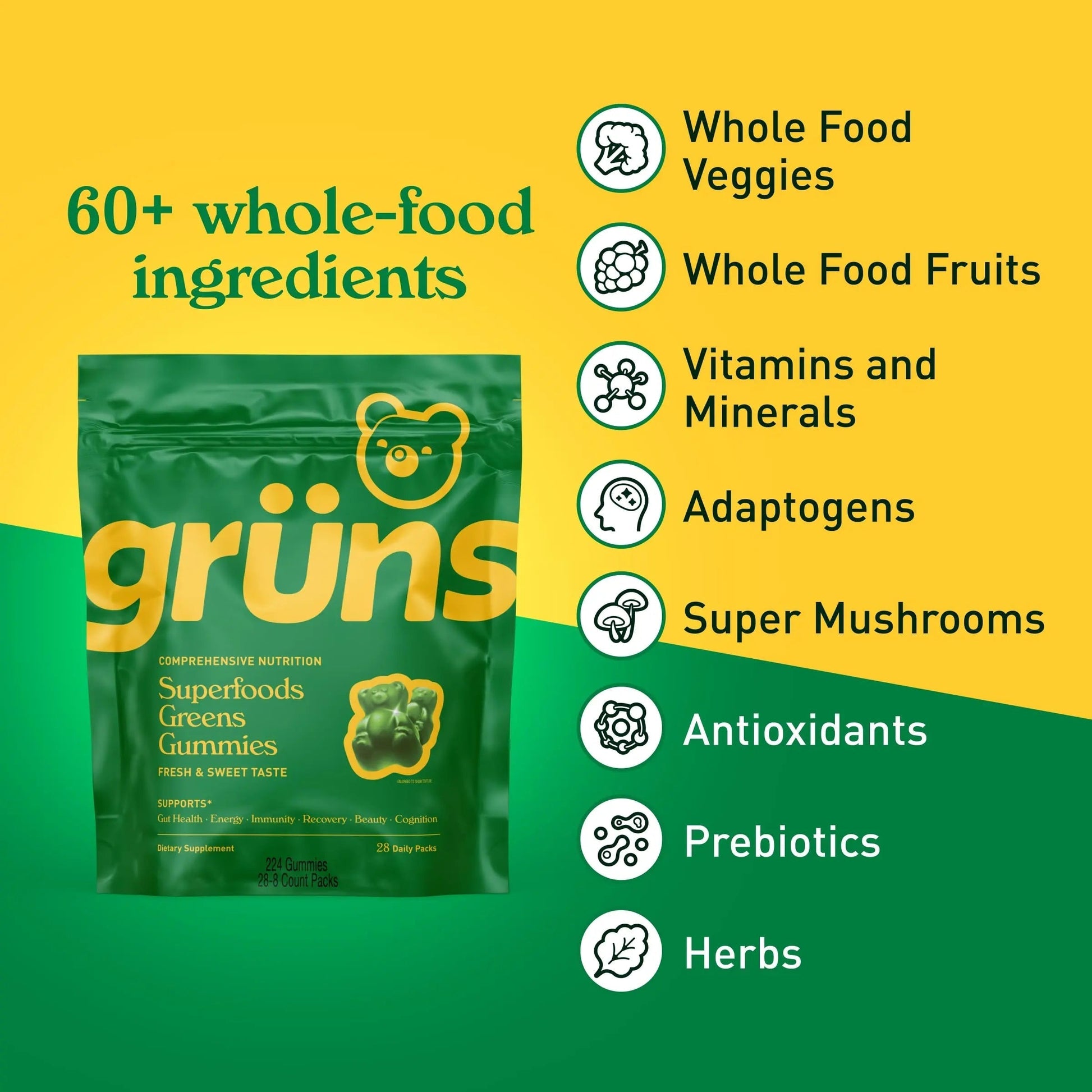 Gruns Adults Super Greens Multivitamin Gummies, Superfood Vitamin Gummy Bears with Spirulina, Chlorella, Prebiotic Fiber for Digestive Health Grüns buy supplements canada