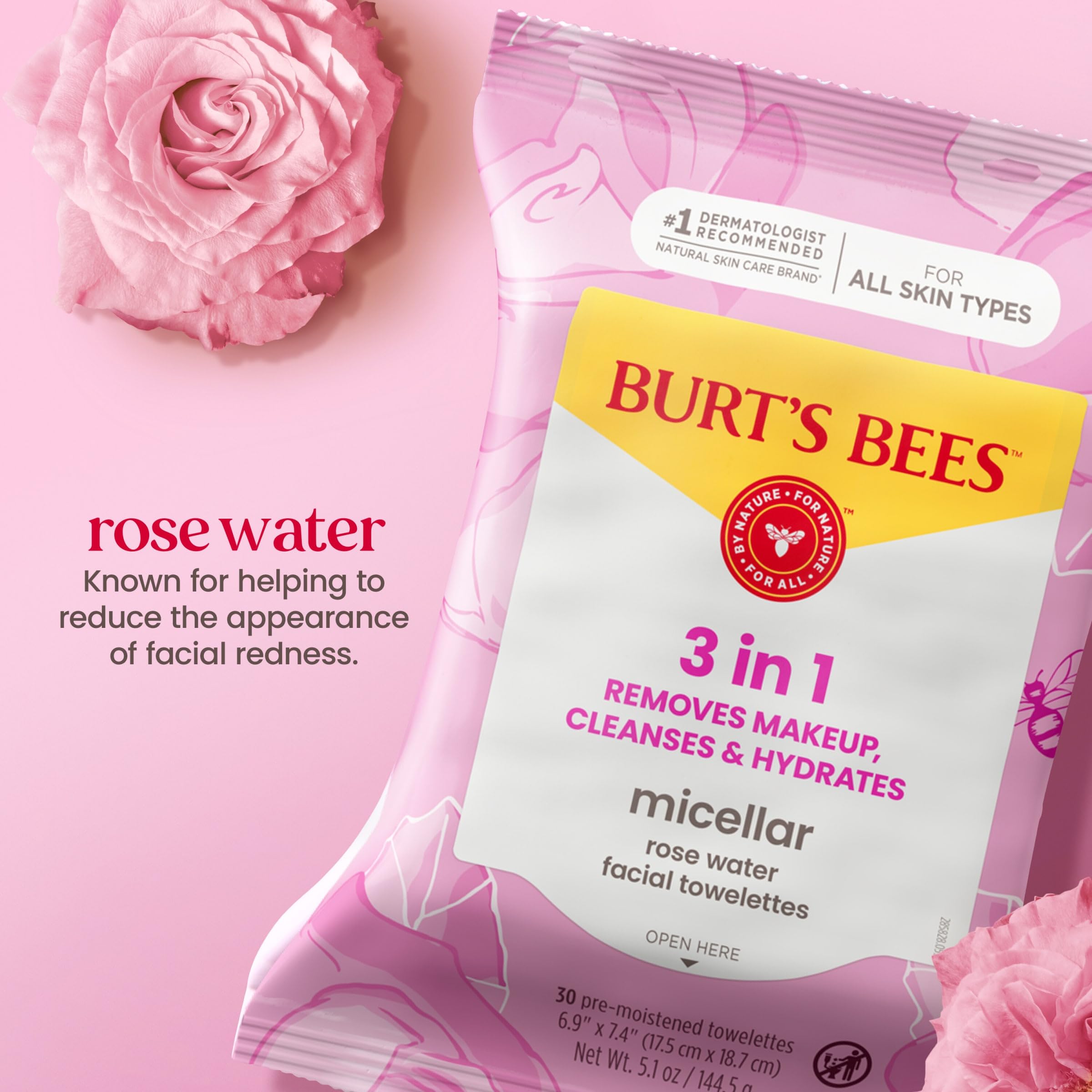 Burt’s Bees Micellar Rose Water Facial Towelettes, 100% Plant Based Cloth; 99% Natural Origin; Remove Makeup, Cleanse, Hydrate; No Oily Residue; All Skin Types; 30 Ct, Pack of 3 (Pack May Vary) Burt's Bees buy supplements canada