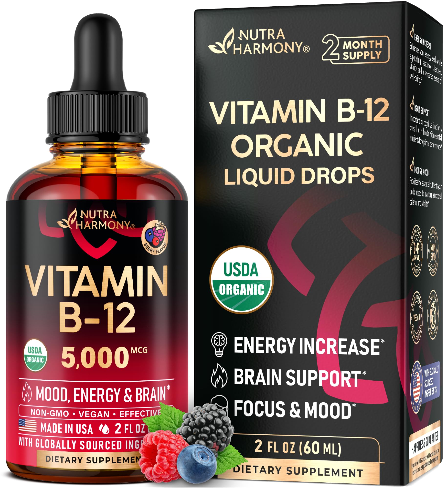 USDA Organic Vitamin B12 Sublingual Drops - 5000 mcg Liquid Vegan Methylcobalamin for Women & Men - Energy Boost, Focus & Mood, Brain Health Support NUTRAHARMONY buy supplements canada