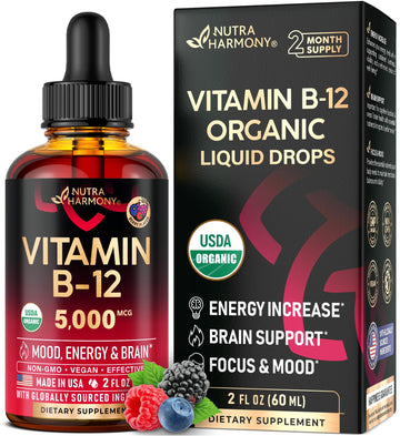 USDA Organic Vitamin B12 Sublingual Drops - 5000 mcg Liquid Vegan Methylcobalamin for Women & Men - Energy Boost, Focus & Mood, Brain Health Support NUTRAHARMONY buy supplements canada