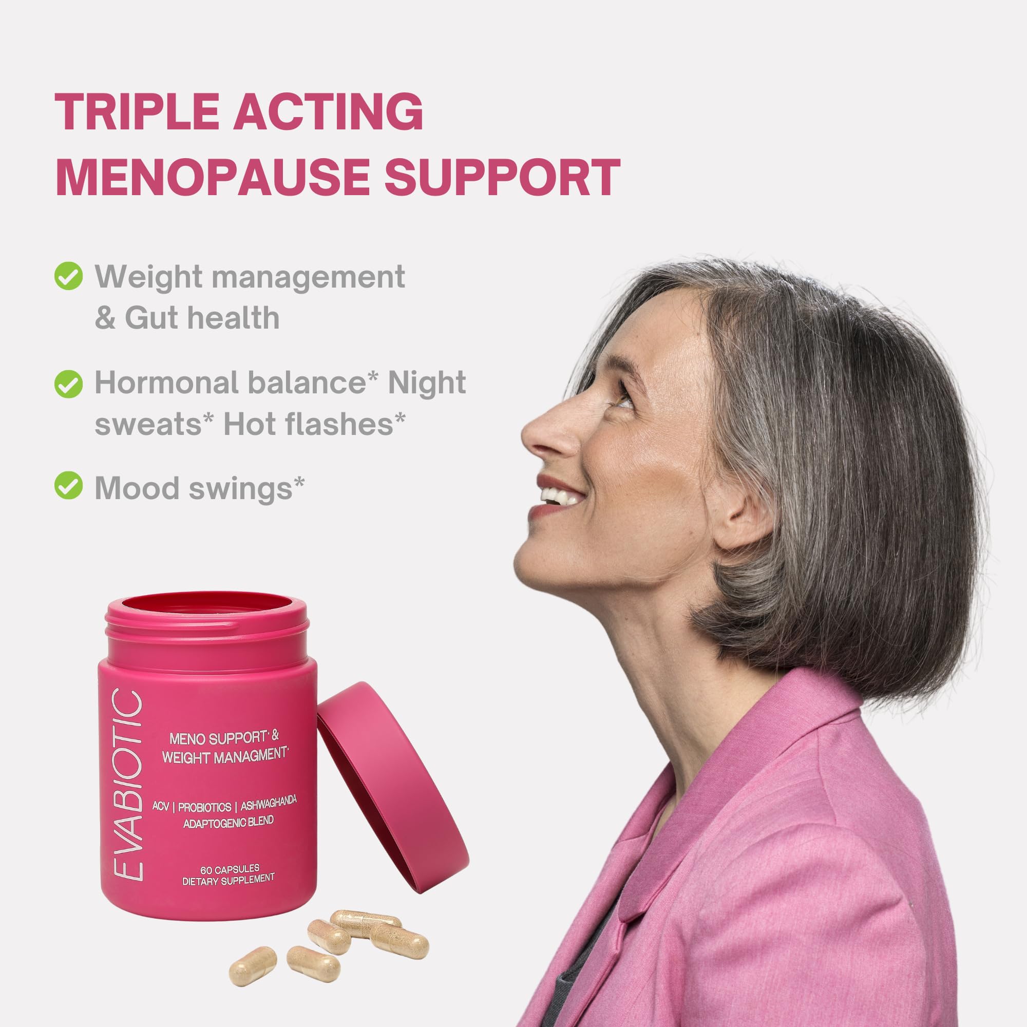 Complete Menopause Vitamins - Ashwaghanda, Probiotics, ACV for Weight Management, Hot Flashes, Night Sweats, Bloat, Hormone Balance - Vegan 60 Caps Menopause Supplements for Women Non-GMO EVABIOTIC buy supplements canada