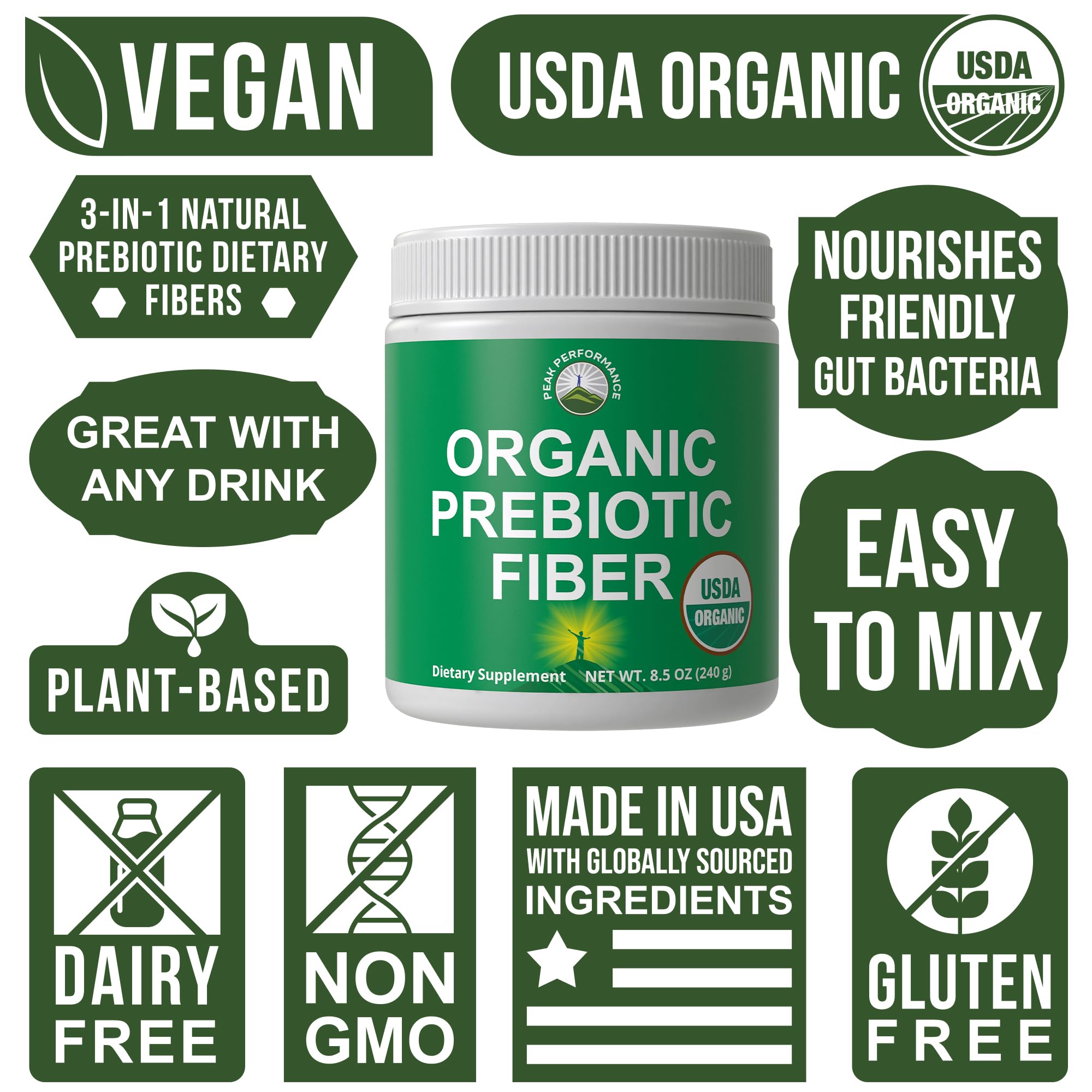 USDA Organic Prebiotic Fiber 3-in-1 Vegan Powder for Gut Health. Raw Whole Food Plant Based Prebiotics Digestive Supplement with Organic Inulin (Jerusalem Artichoke), Acacia Fibers, SunFiber Peak Performance buy supplements canada
