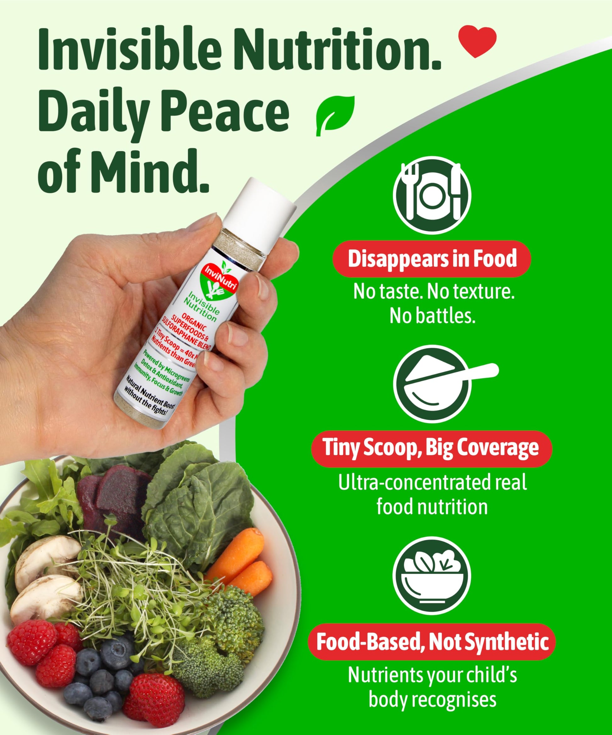 InviNutri Superfood Powder for Sensory & Picky Eaters. A TINY scoop- 40x Nutrient-Rich, 30mg Sulforaphane for Detox. Organic Microgreens, Fruits & Veggies - Blends Invisibly into Most Meals - 24 serv. InviNutri Invisible Nutrition buy supplements canada