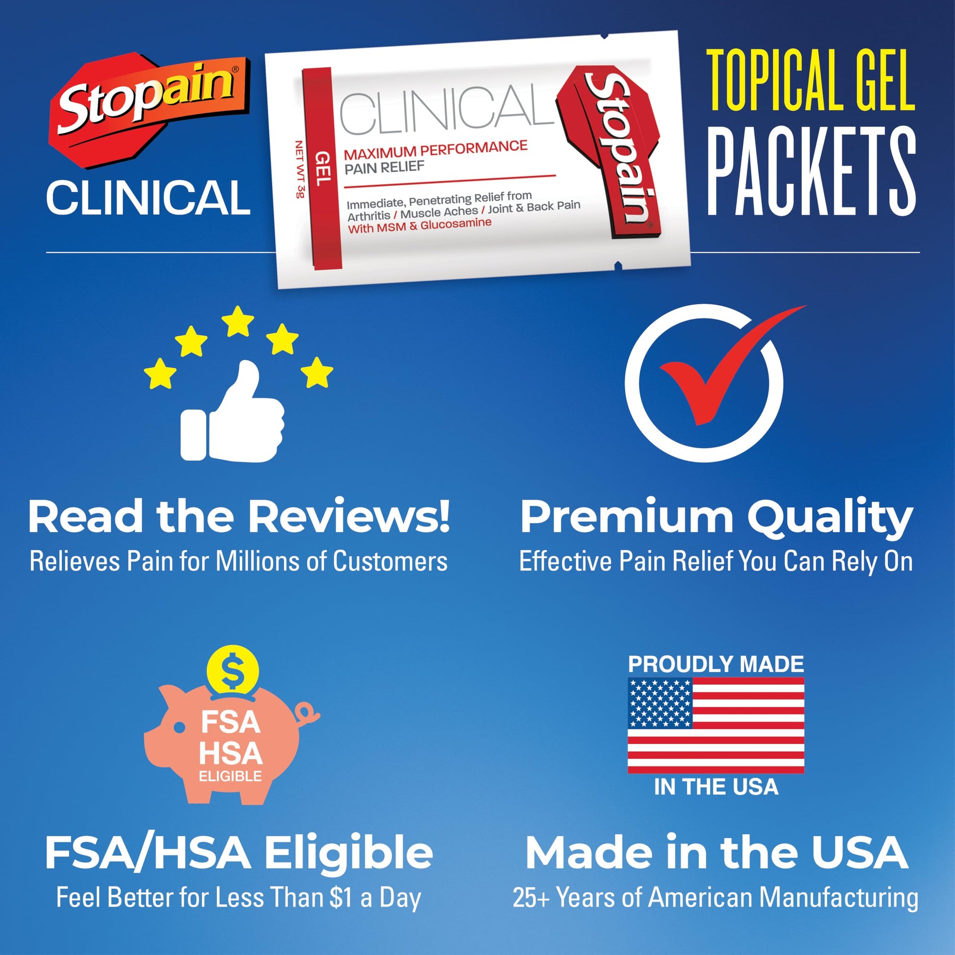 Stopain Pain Relief Clinical Gel Packets, Made in USA, Maximum Performance Pain Relief with 10% Menthol Plus Glucosamine for Muscle Aches, Joint Pain, and Arthritis (100 Pack) Stopain buy supplements canada