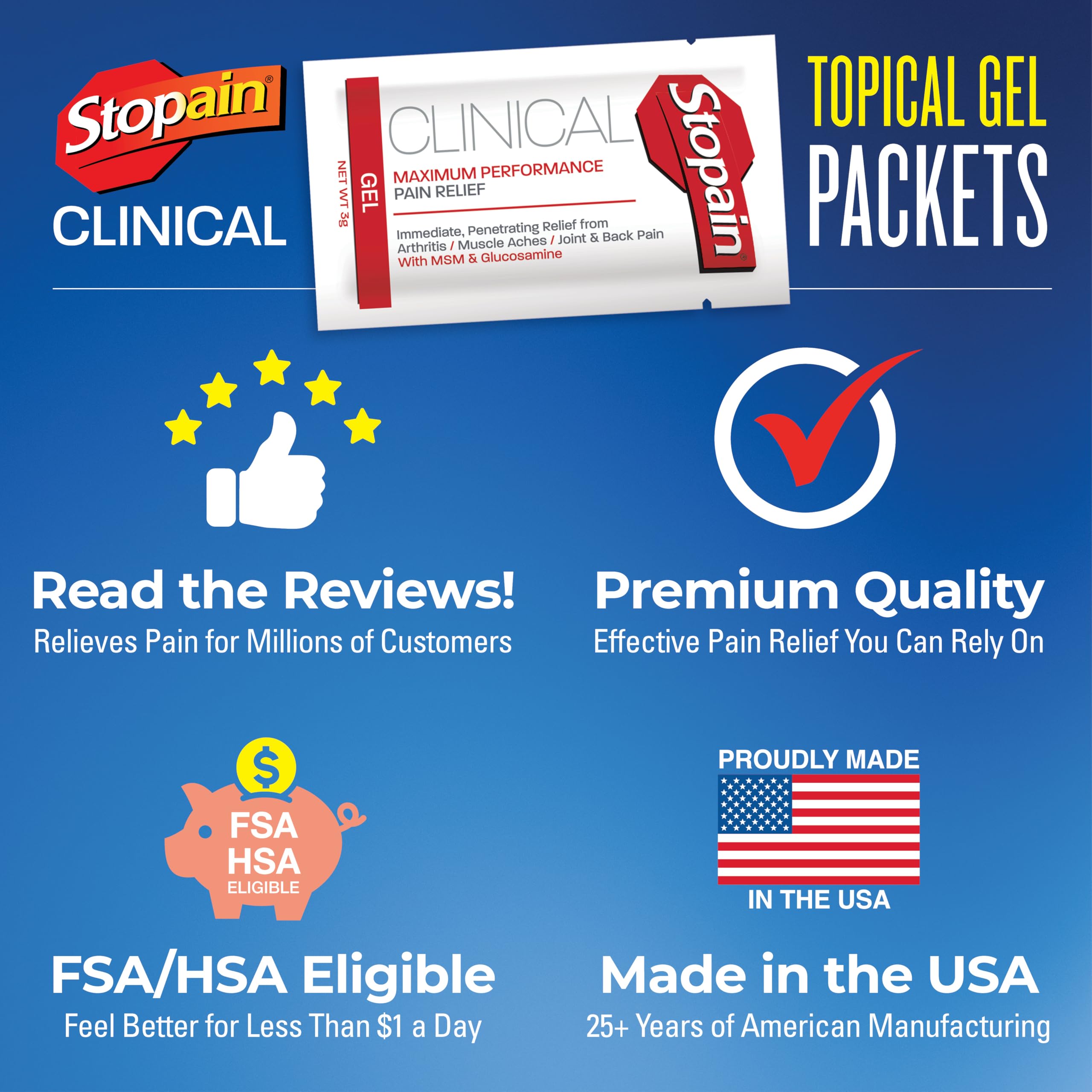Stopain Pain Relief Clinical Gel Packets, Made in USA, Maximum Performance Pain Relief with 10% Menthol Plus Glucosamine for Muscle Aches, Joint Pain, and Arthritis (100 Pack) Stopain buy supplements canada