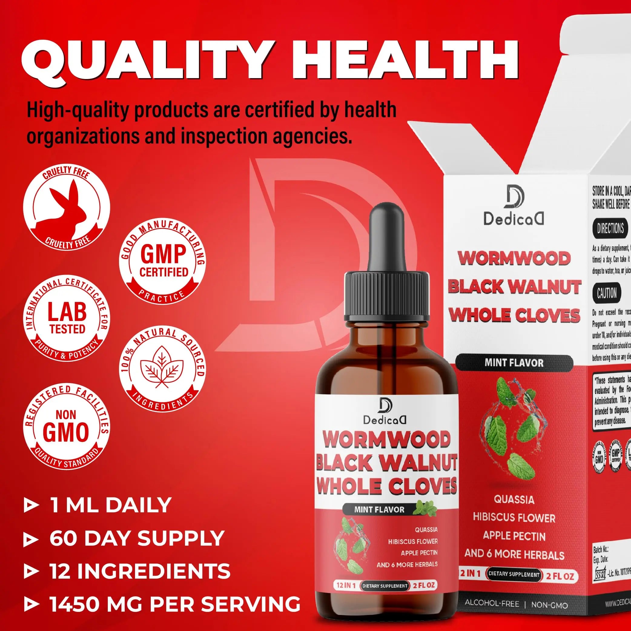 DEDICAD 12in1 Wormwood Liquid Drops Added Black Walnut, Whole Cloves and 9 More Herbs - 2 Fl Oz - 60 Days Supply - Mint Flavor DEDICAD buy supplements canada