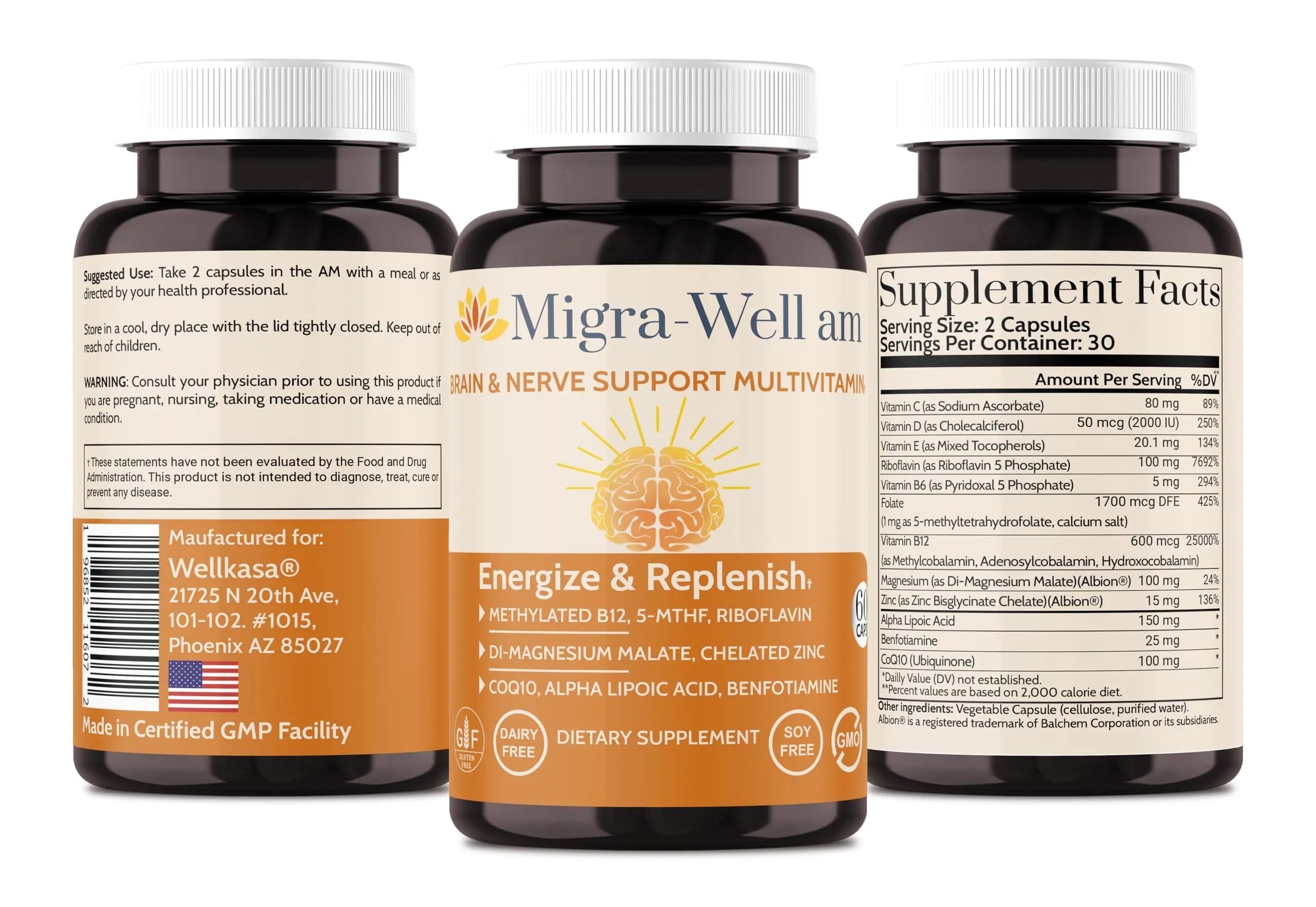 Wellkasa Migra-Well AM: Energizing Daily Methylated Multivitamin with Bioavailable Minerals & Antioxidants Supporting Brain Wellkasa buy supplements canada