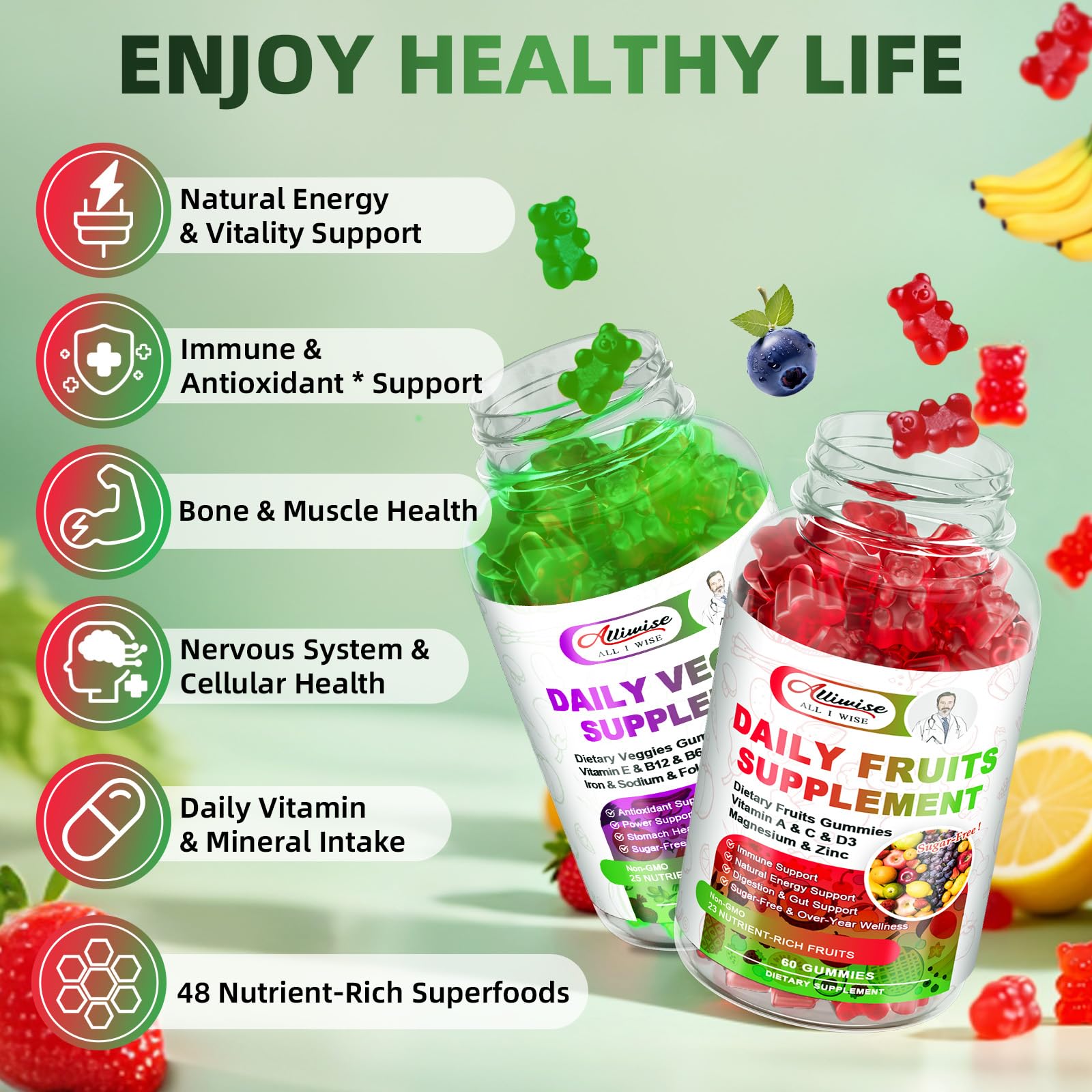 Sugar-Free Fruits & Veggies Gummies, Super Greens with 23 Fruits & 25 Veggies, Multivitamin Minerals & Fiber, Vegan Fruit & Vegetable Supplement for Adults, 120 Gummies, 2 Month Supply Alliwise buy supplements canada