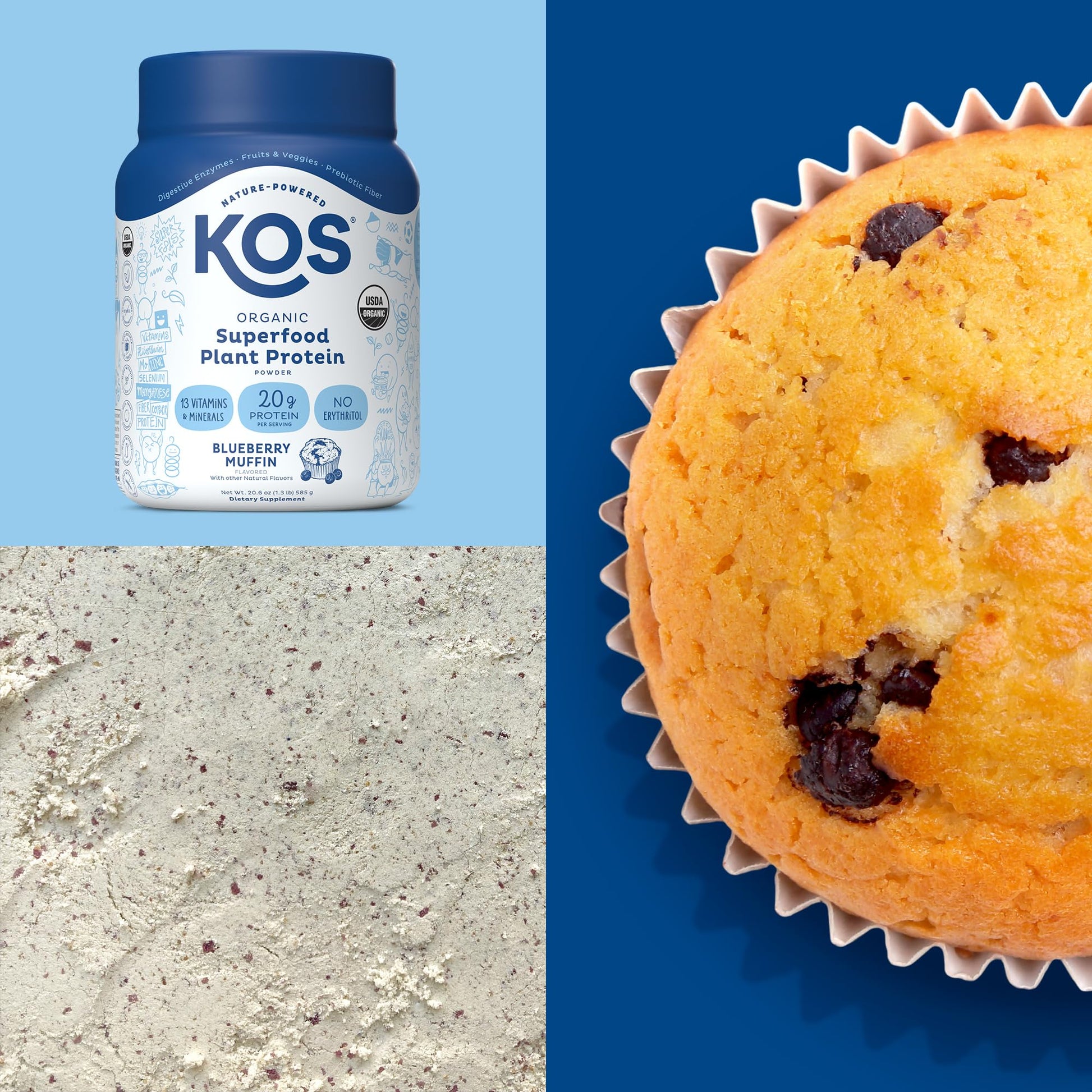 KOS Plant Based Protein Powder, Blueberry Muffin - Organic Pea Protein Superfood KOS buy supplements canada
