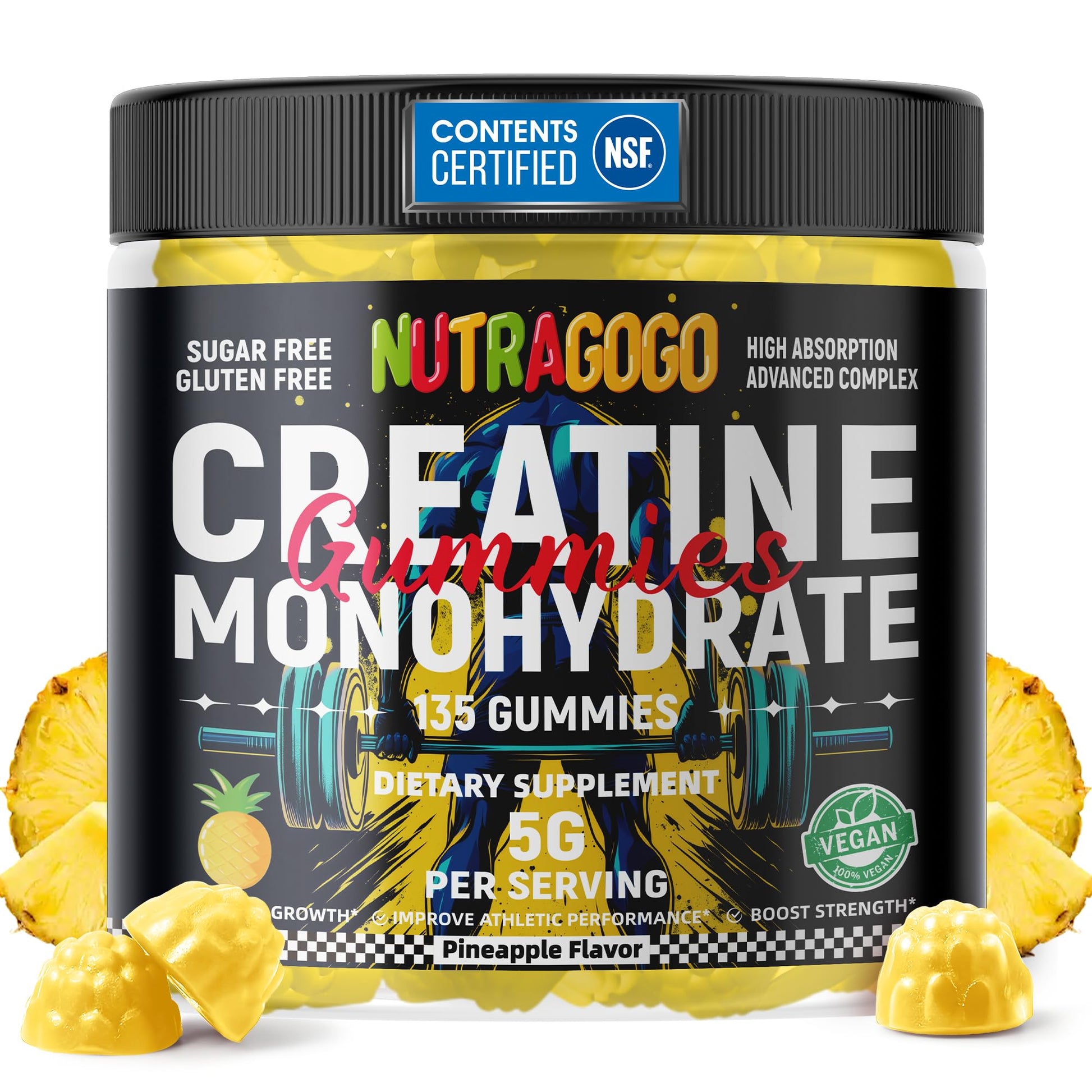 NUTRAGOGO NSF Certified Creatine Gummy - Creatine Monohydrate Gummies for Men & Women-5g of Creatine Monohydrate per Serving - Sugar Free,Vegan, Pineapple Electrolyte Chews, 135 Count NUTRAGOGO buy supplements canada