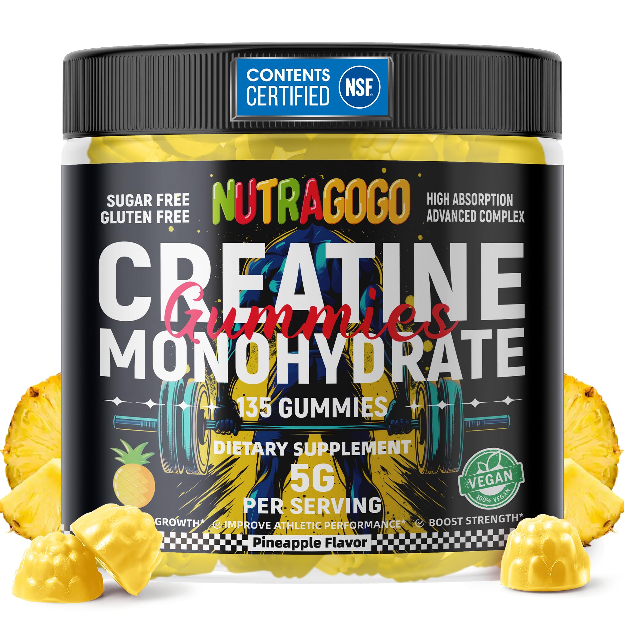 NUTRAGOGO NSF Certified Creatine Gummy - Creatine Monohydrate Gummies for Men & Women-5g of Creatine Monohydrate per Serving - Sugar Free,Vegan, Pineapple Electrolyte Chews, 135 Count NUTRAGOGO buy supplements canada