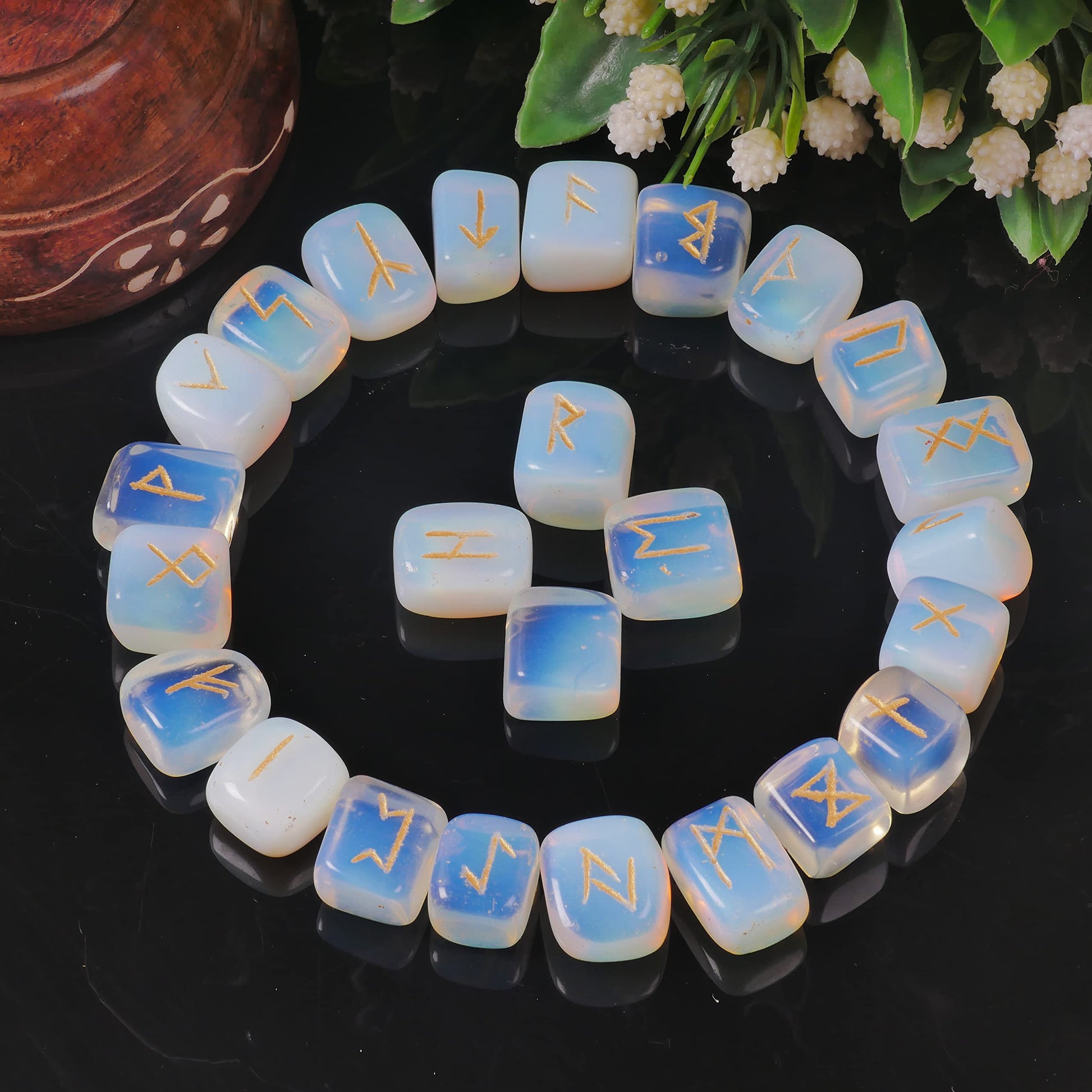 Opalite Rune Stone - Rune Set - Engraved Elder Futhark Alphabet Symbols - Witchcraft Crystals QUIPSA buy supplements canada