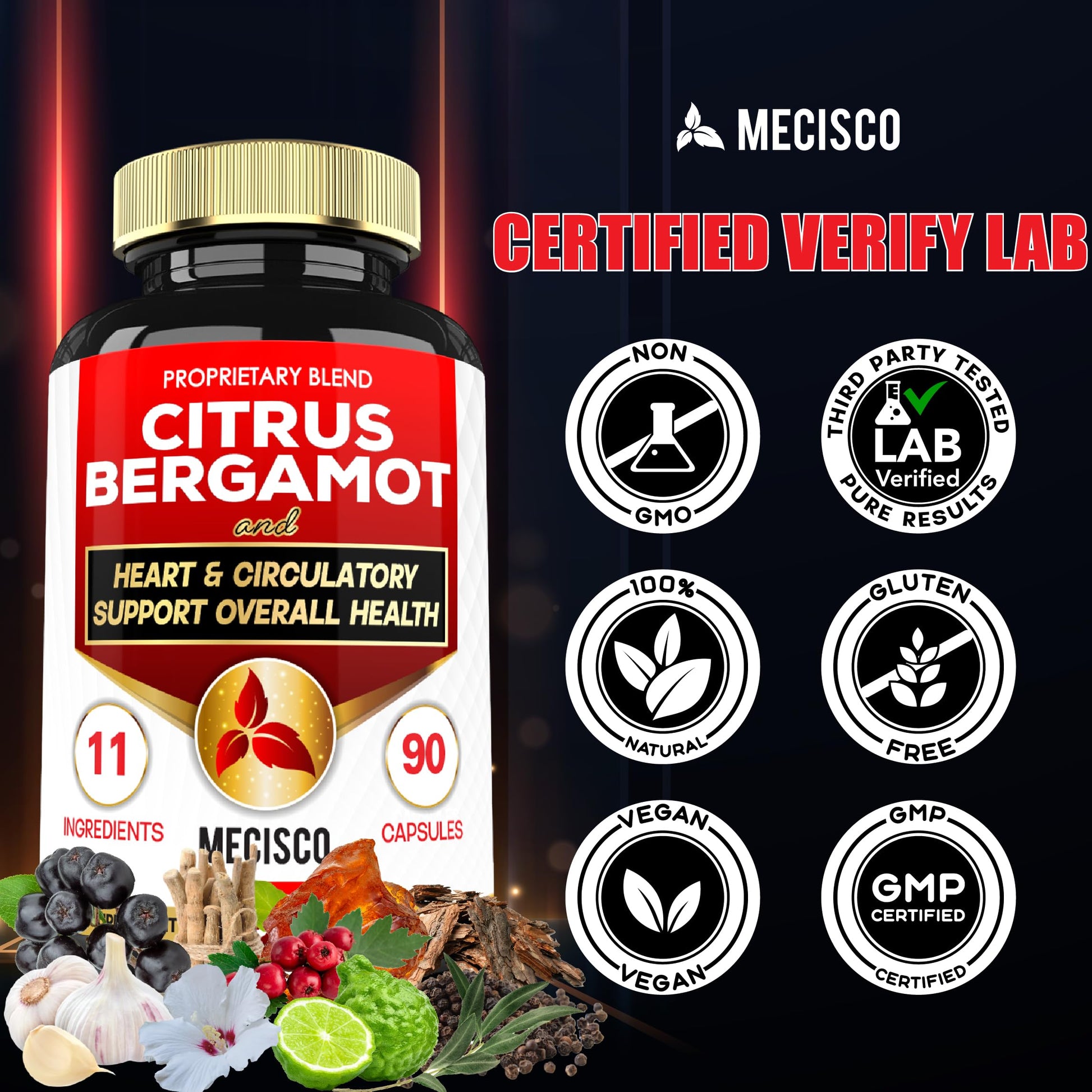 Mecisco 11 in 1 Citrus Bergamot Supplement 1000mg with Black Chokeberry, Berberine HCl & More - 90 Capsules - Supports Heart Health, Immune System, Energy Production Mecisco buy supplements canada