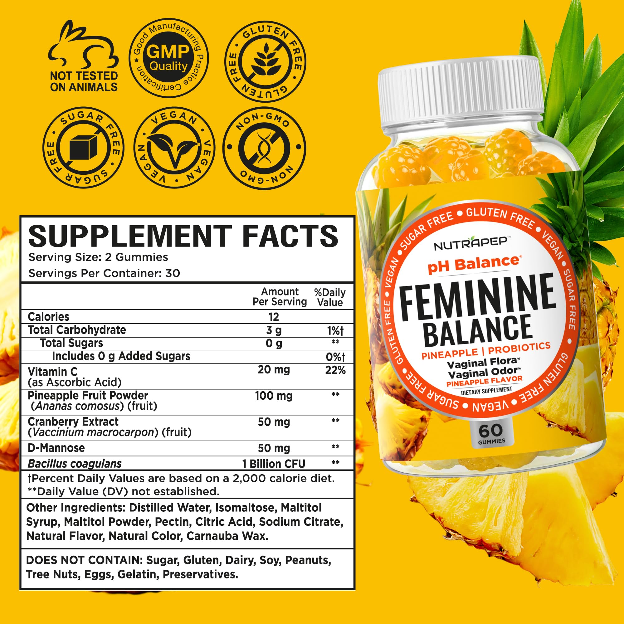 NutraPep Feminine Balance Probiotics Gummies for Women - Vaginal Health & Women's pH Balance Natural Gummy Supplement with Cranberry Pineapple Powder - Sugar Free Gluten Free Vegan (Pack of 2) NutraPep buy supplements canada