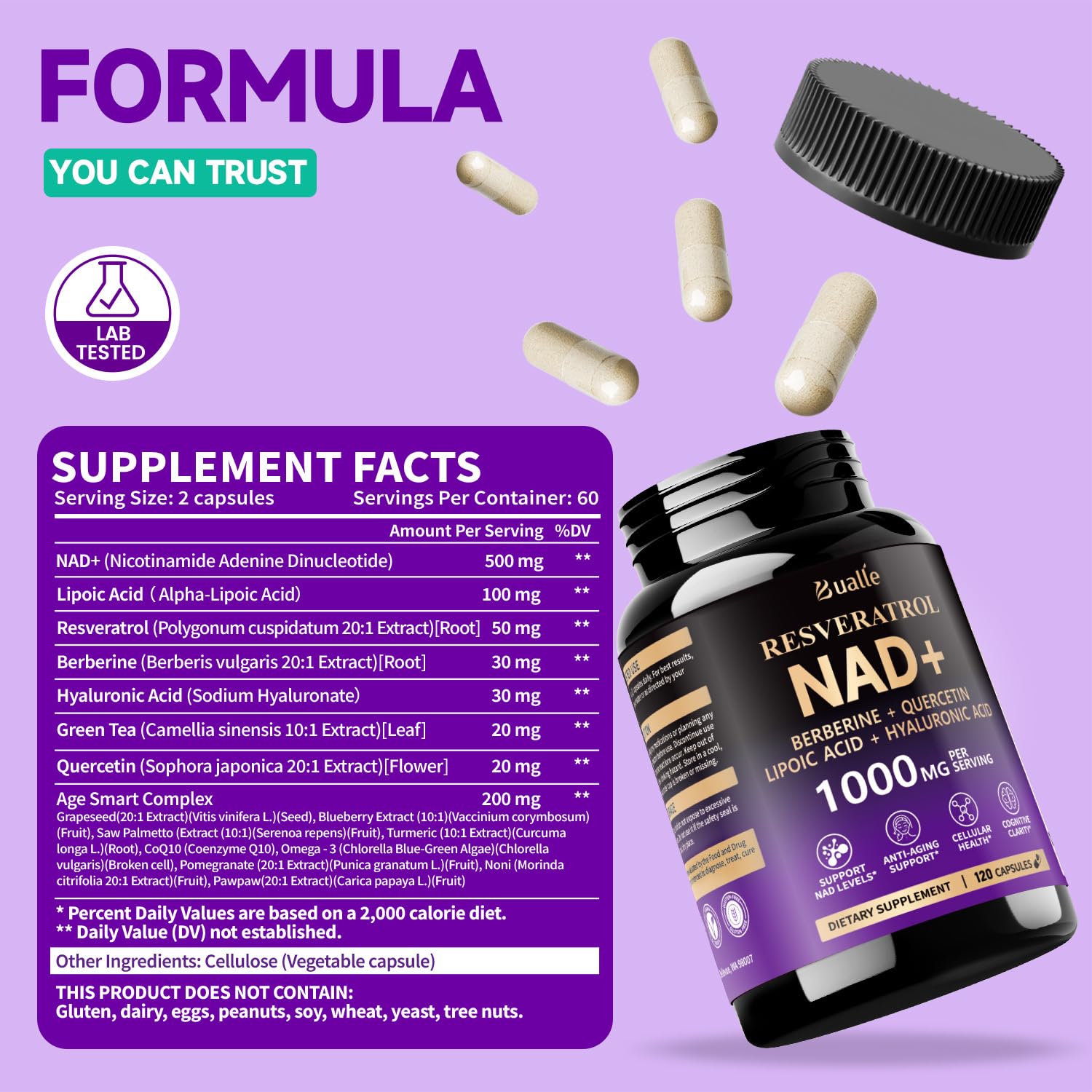 Bualle NAD Supplement, Liposomal NAD Resveratrol Supplement Contains Berberine, Alpha Lipoic Acid,Hyaluronic Acid & Quercetin - Joint Function& Support Anti-Aging,NMN Alternative -120 Capsules Bualle buy supplements canada