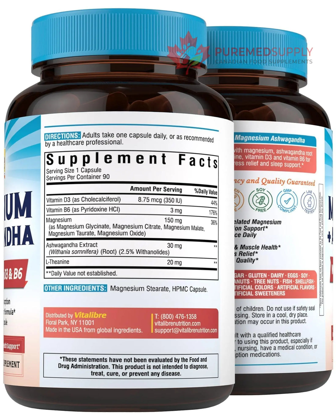 Vitalibre Magnesium Complex with Ashwagandha & L-Theanine - Stress Relief, Bone & Relaxation Support - w/Vitamin D3, B6 - Glycinate, Citrate, Malate, Taurate - 90 Vegan Capsules, Non-GMO, Gluten Free Vitalibre buy supplements canada