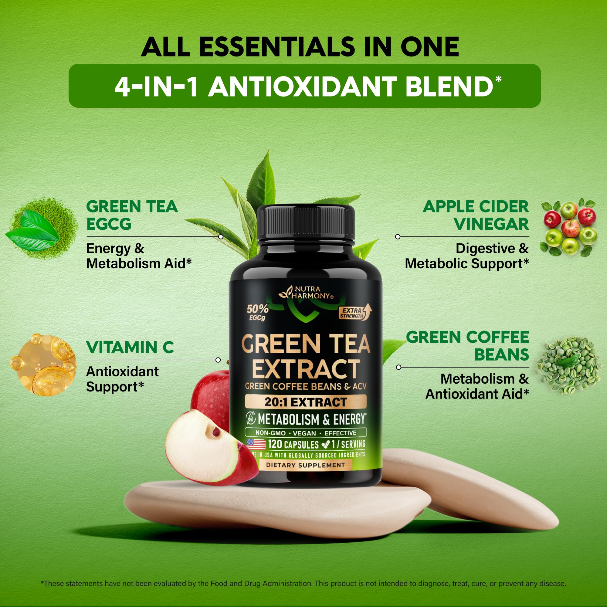 Green Tea Extract - 50% EGCG, Extra Strength 20:1 Extract - Natural Green Tea Supplement + Green Coffee Beans & Apple Cider Vinegar - Energy & Metabolism Support NUTRAHARMONY buy supplements canada