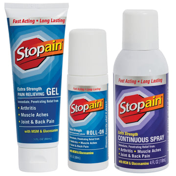 Stopain Pain Relief Combo Set (Gel, Roll On, Spray) USA Made, Max Strength Fast Acting with MSM, Glucosamine, Menthol for Lower Back, Knee, Neck HSA FSA Topical Analgesic Products Stopain buy supplements canada