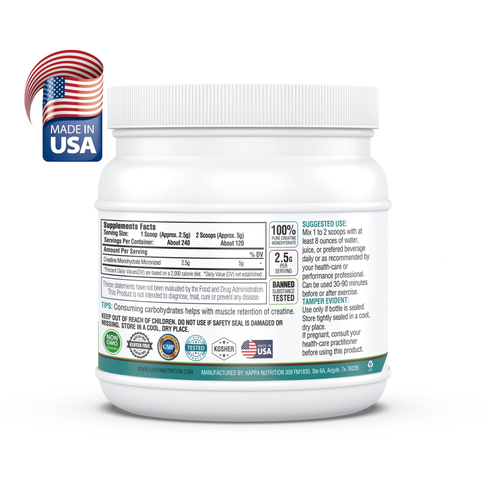 Kappa Nutrition Creatine Monohydrate Powder, Pure Amino Acid Formula, Supports Muscle Strength, Cellular Energy & Mental Focus* Gluten-Free, Keto, 2.25g per Scoop, 240 Servings, Net Wt. 1.32 LB (600g) KAPPA NUTRITION buy supplements canada