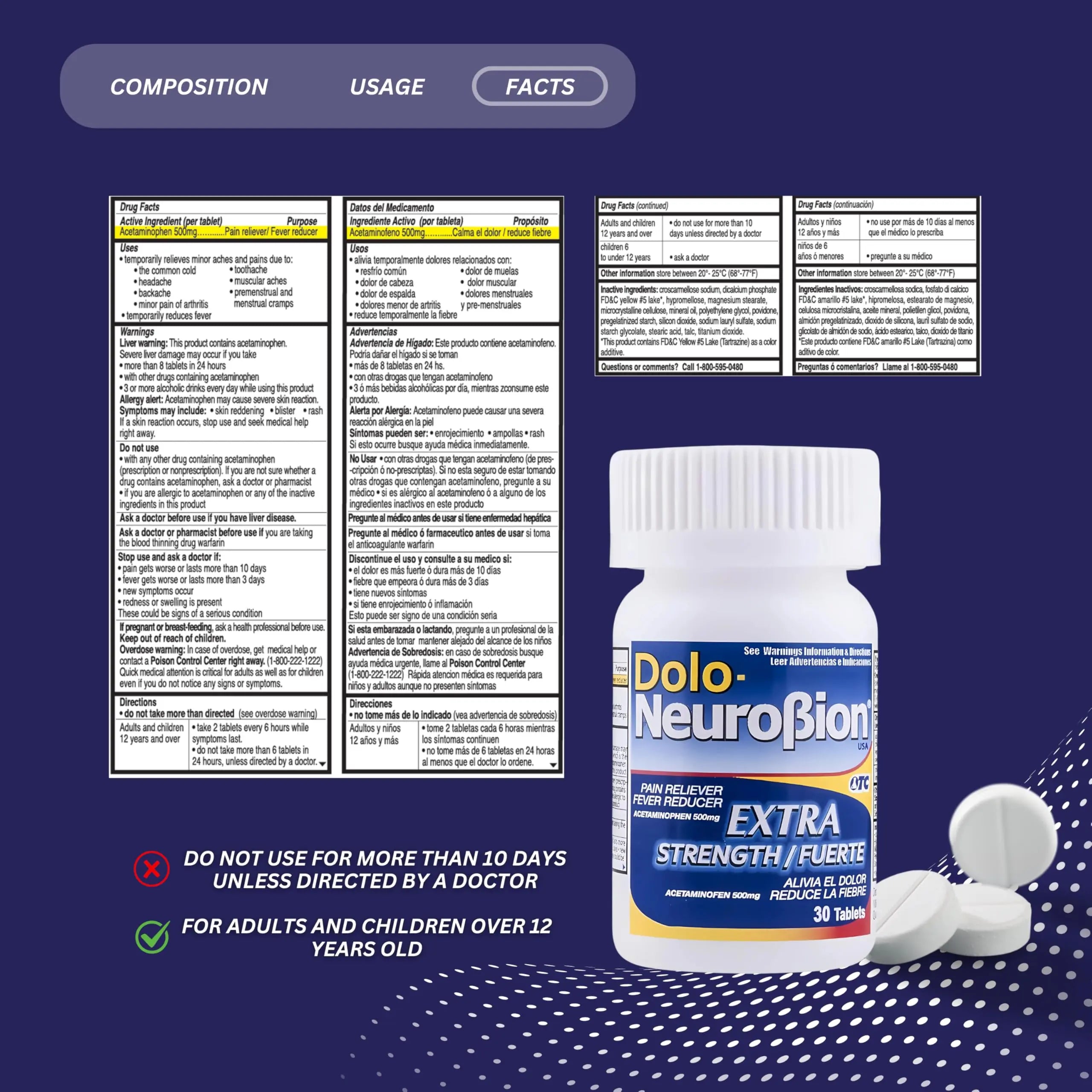 Dolo Neurobion 30 Tablets - Pain Reliever, Fever Reducer, Extra Strength, Fuerte, Alivia el Dolor, Reduce la Fiebre Neurobion buy supplements canada