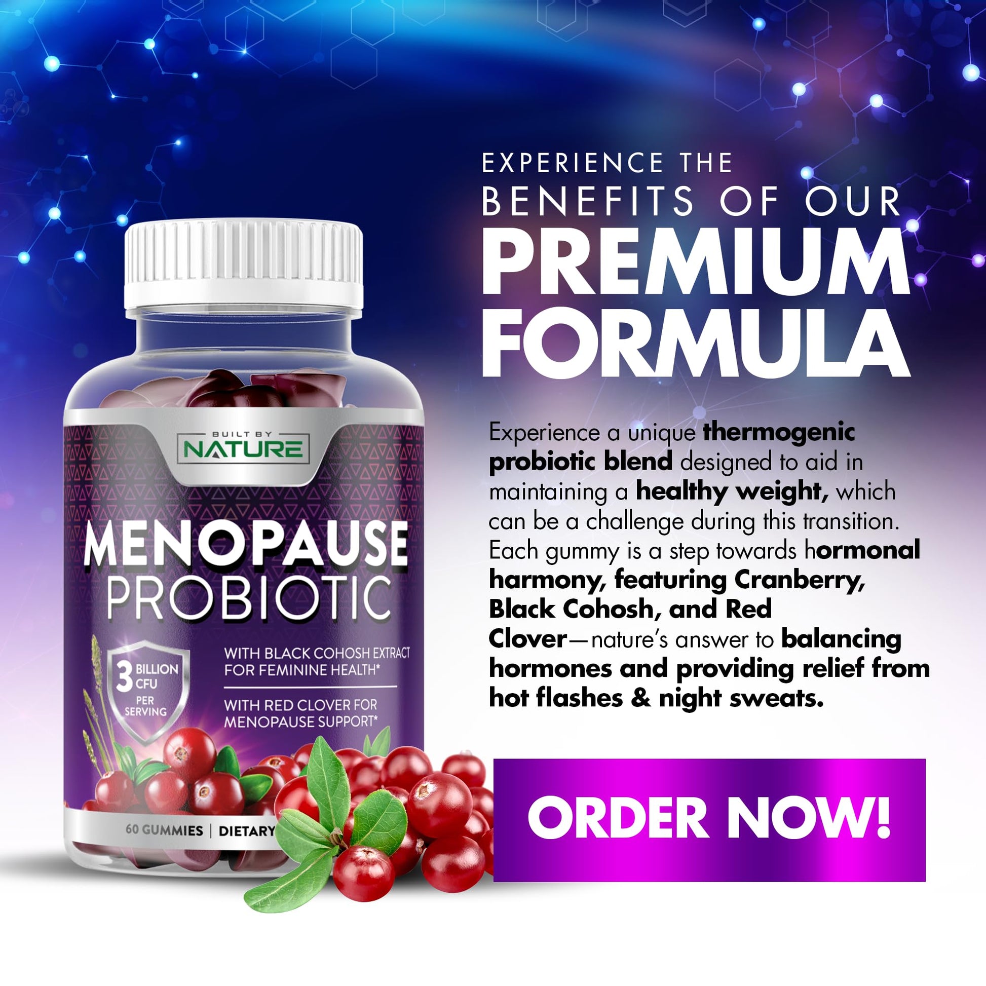 Menopause Supplements for Women - Menopause Probiotic Gummy - Women’s Menopause Relief for Hot Flashes, Night Sweats & Mood Swings with Black Cohosh & Cranberry - Non-GMO, Vegan - 60 Gummies Built by Nature buy supplements canada