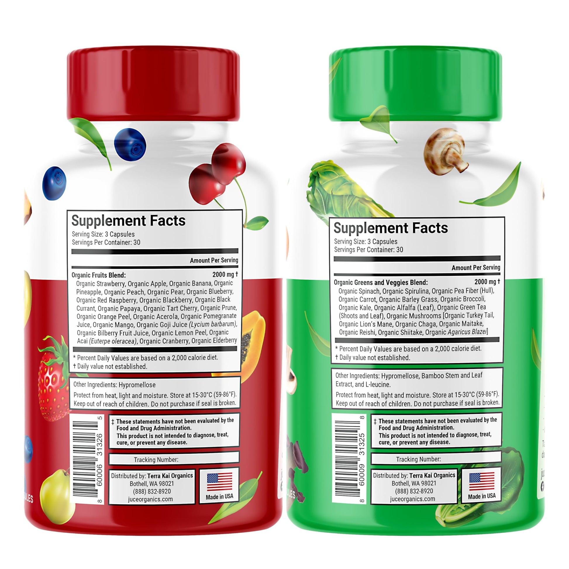 Juce Original Formula - Organic Super Fruit & Veggies Supplement - Gluten/Gelatin Free, Soy Free & Vegan- Reds & Greens Superfood Capsules- 23 Fruits & 23 Vegetables (180 Count)- By Terra Kai Organics Terra Kai Organics buy supplements canada