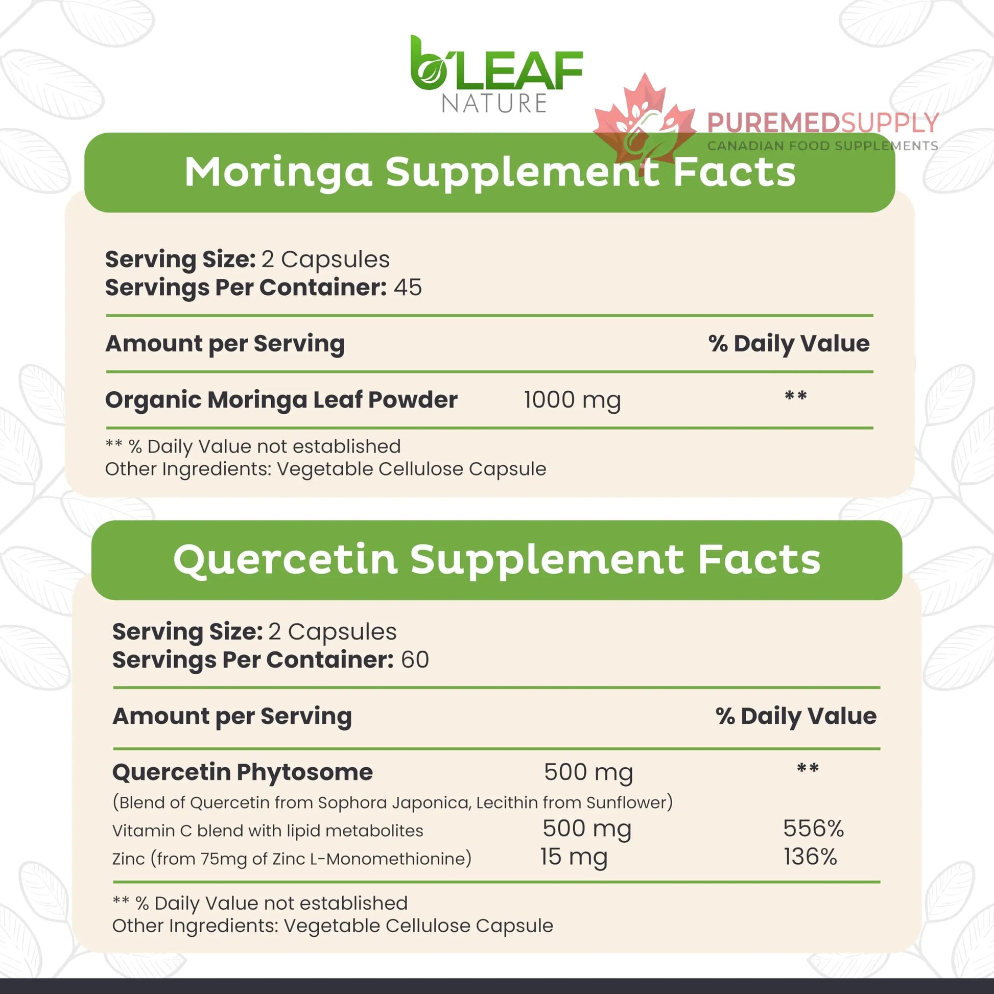 B'LEAF NATURE Moringa and Quercetin Bundle - Non-GMO, Vegan, High Absorption Capsules - 1000mg Quercetin Phytosome Blend + 1000mg Moringa - Natural Energy, Wellness and Immune Support Supplements B'LEAF NATURE buy supplements canada