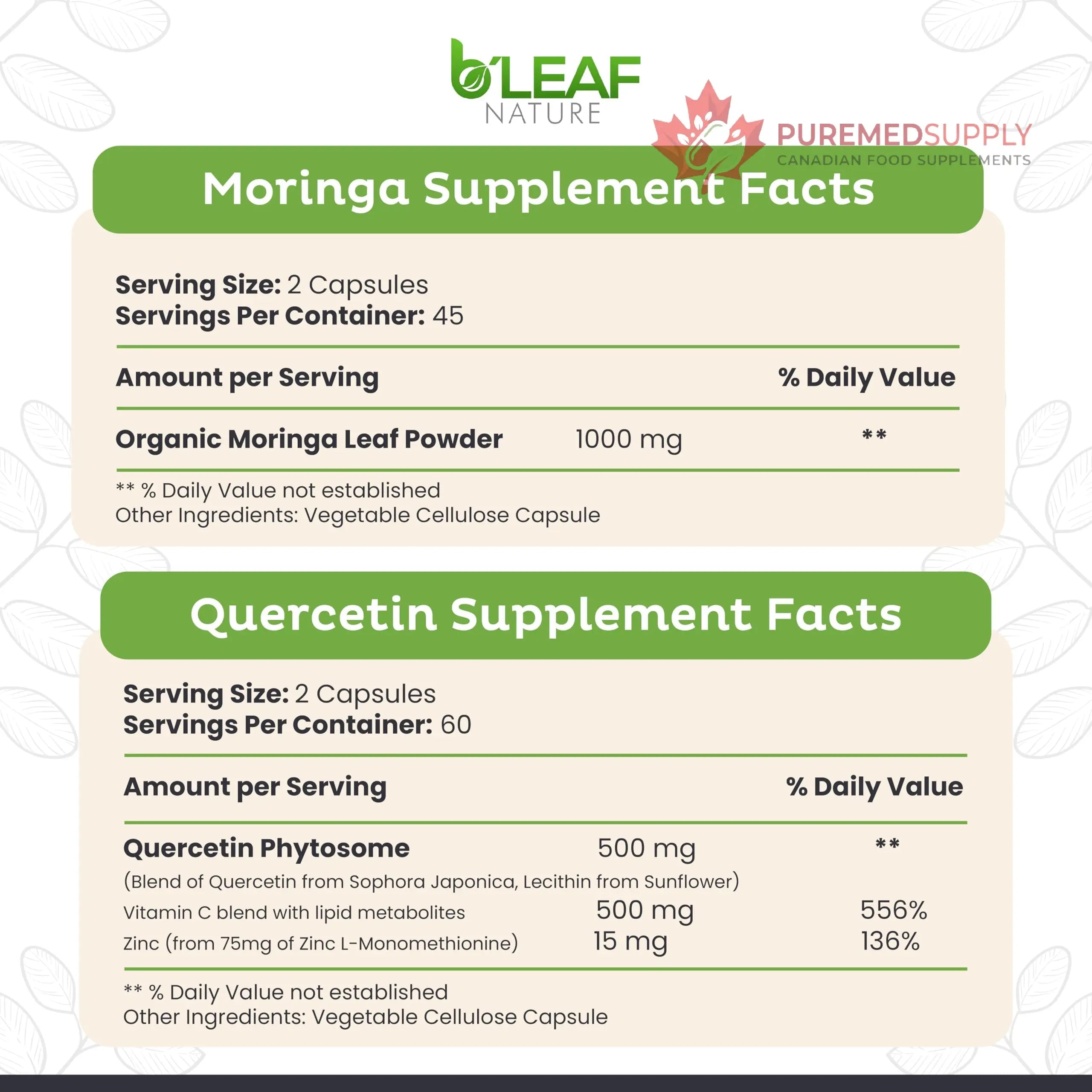 B'LEAF NATURE Moringa and Quercetin Bundle - Non-GMO, Vegan, High Absorption Capsules - 1000mg Quercetin Phytosome Blend + 1000mg Moringa - Natural Energy, Wellness and Immune Support Supplements B'LEAF NATURE buy supplements canada