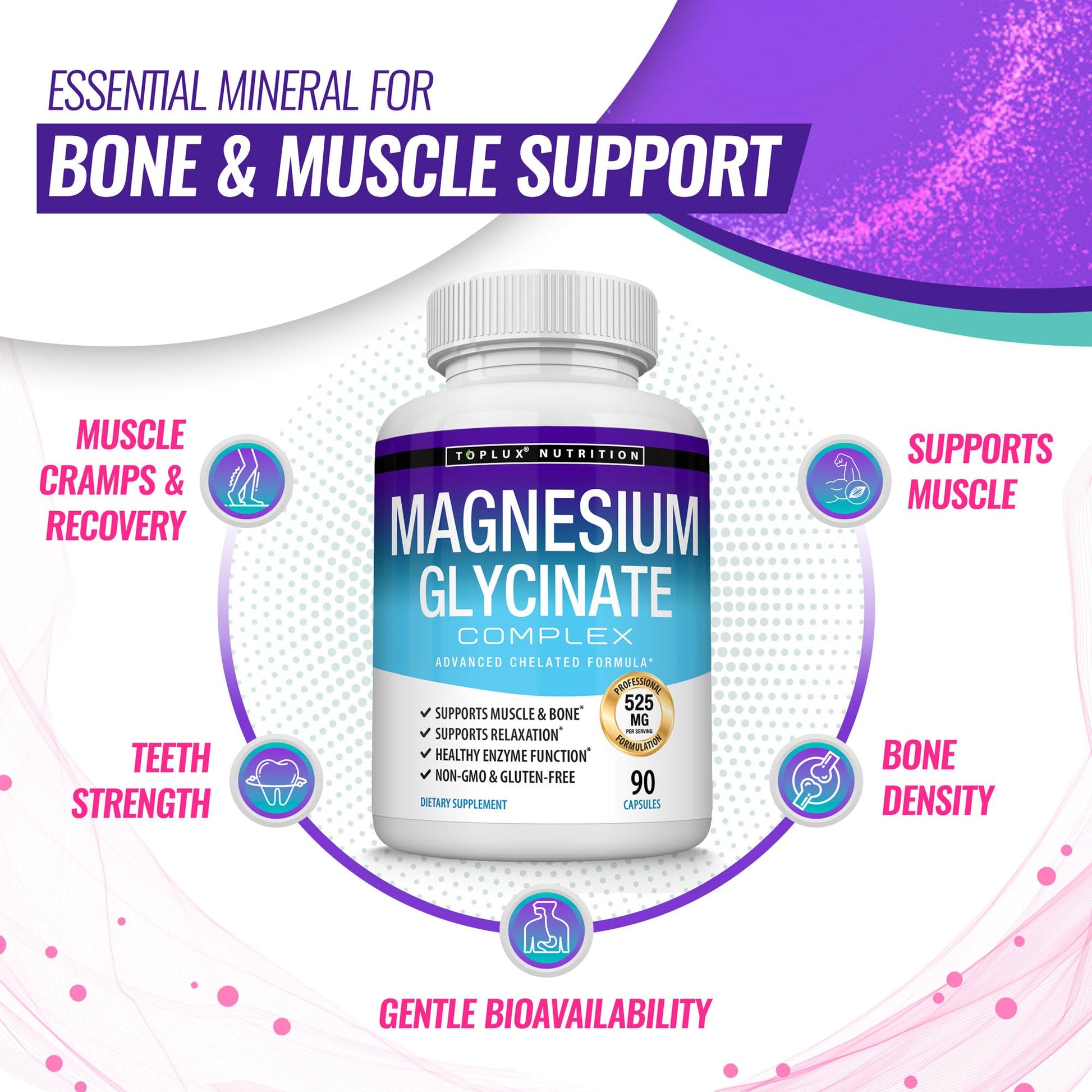Magnesium Glycinate 525mg - High Absorption Chelated Magnesium Supplement Made with Pure Magnesium Glycinate - Supports Muscles, Sleep, Cramps, Recovery Bisglycinate Toplux buy supplements canada