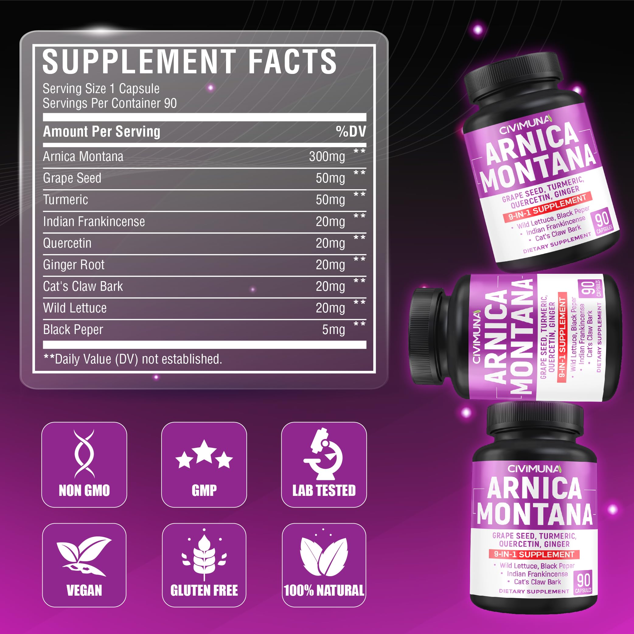 Arnica Capsules with Arnica, Grape Seed, Turmeric and More - 90 Capsules for 3 Months Supply CIVIMUNA buy supplements canada