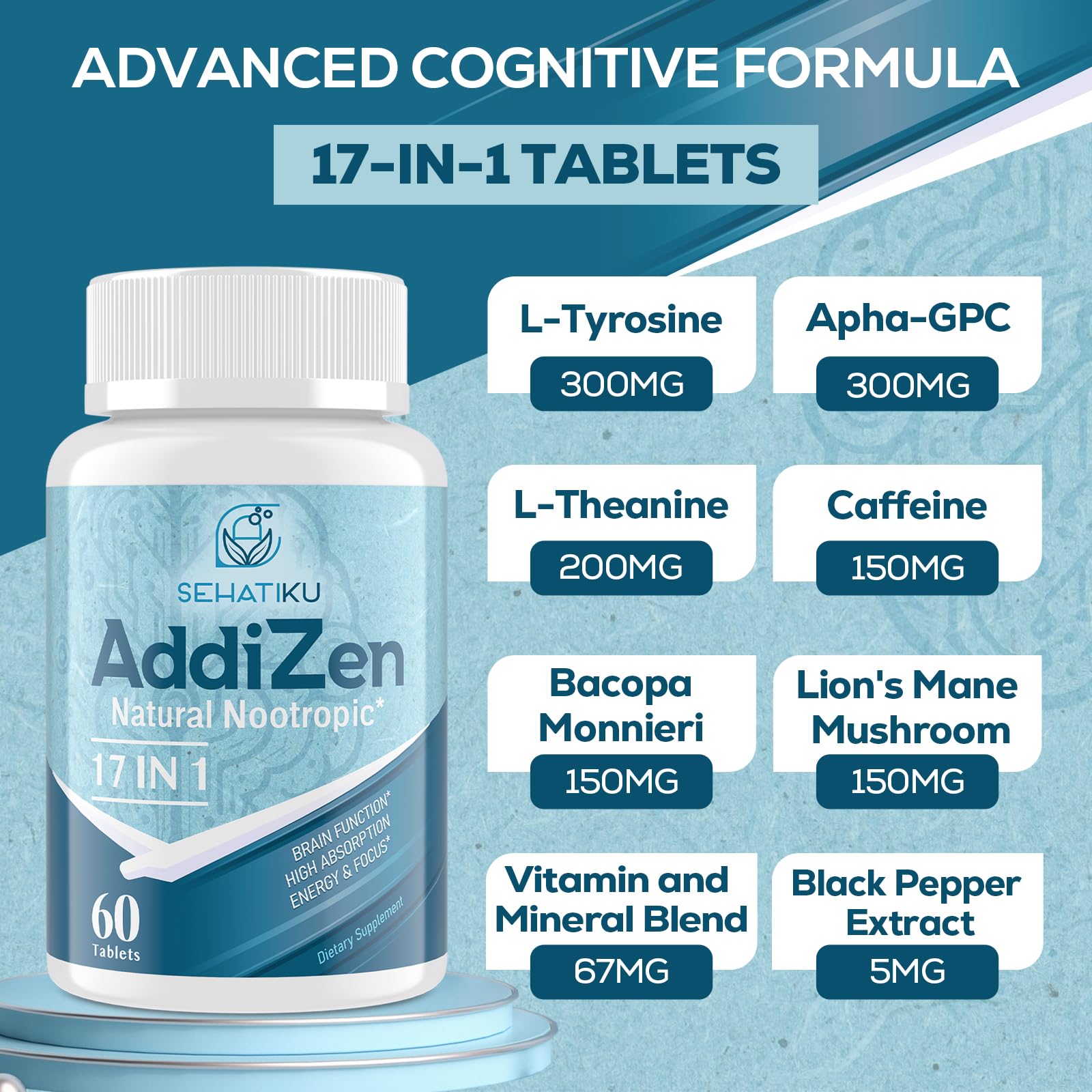 17-in-1 Brain Supplement for Memory and Focus | Natural Nootropics Brain Supplement for Brain Cognition, Energy | High Absorption | L-Theanine, Phytonutrient Blend and Vitamins B6, B12 | 60 Tablets SehatiKu buy supplements canada